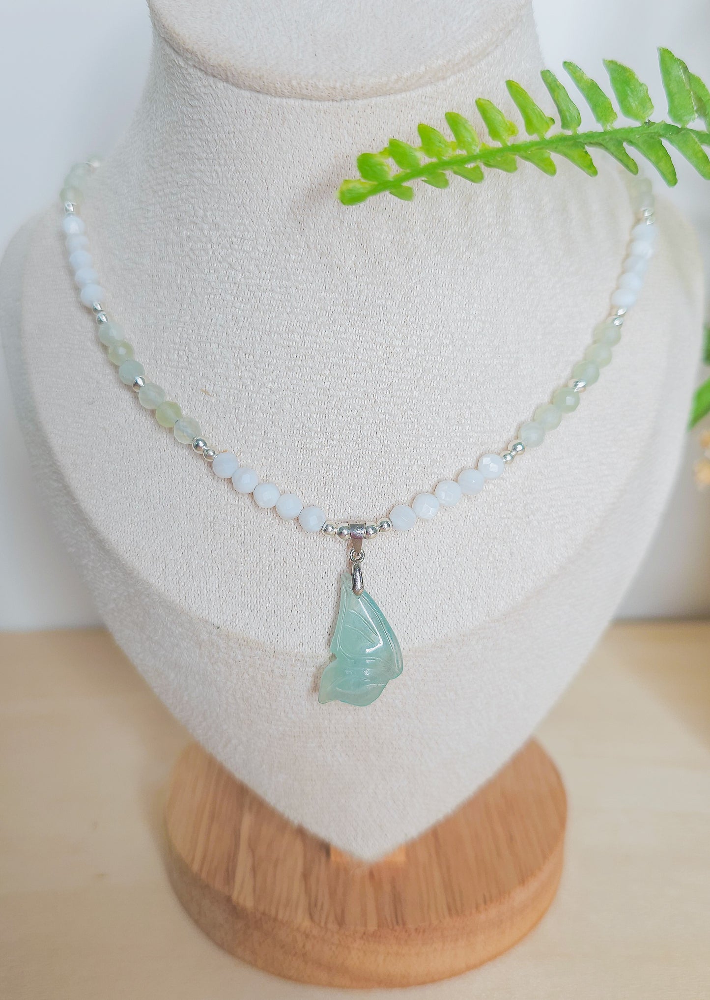 Whispers of the Fae | Handmade Necklace with Aquamarine fairy wing, Prasiolite, White Shell and 925 Silver Beads