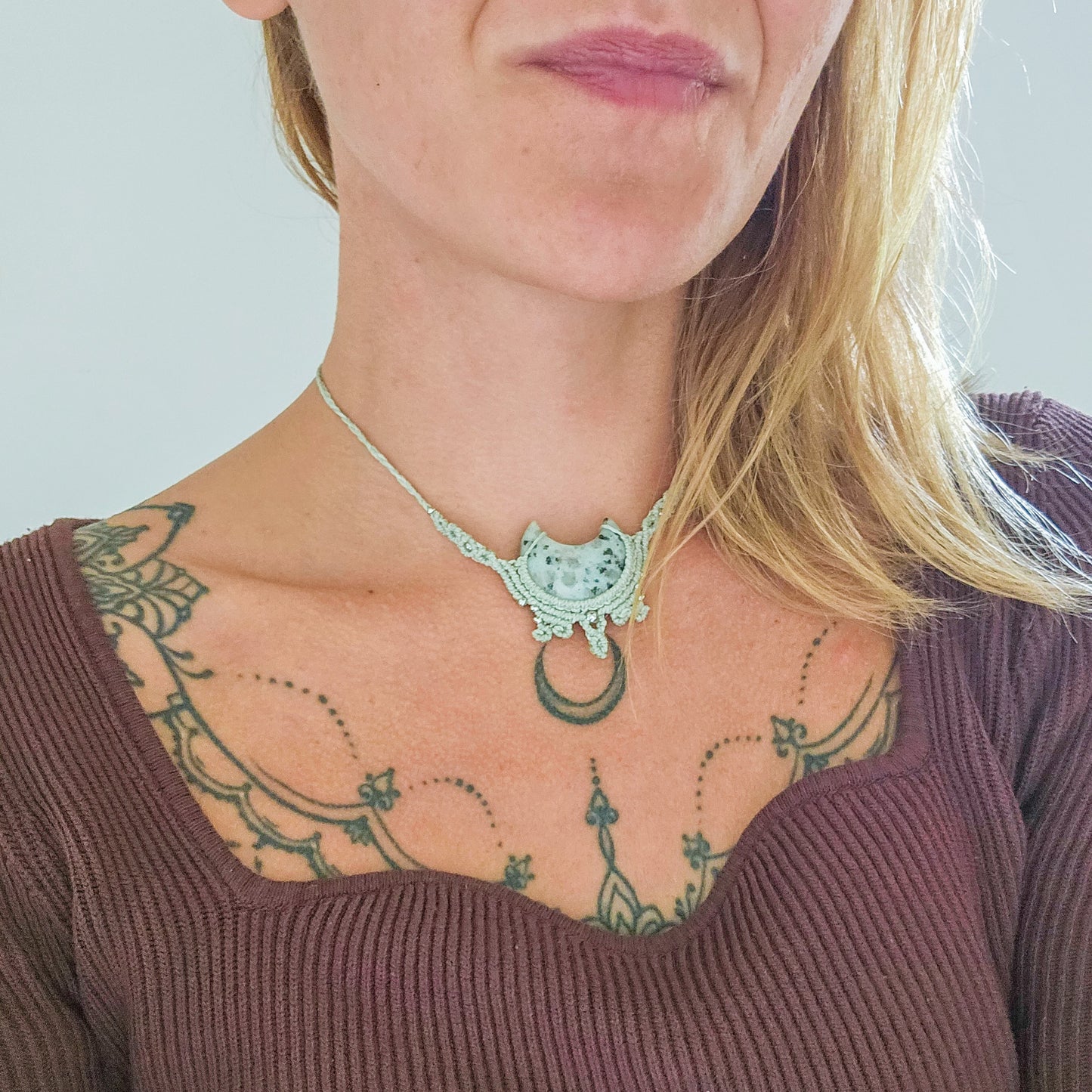 Crescent Roots | Handmade Necklace with Kiwi Jasper Crescent Moon