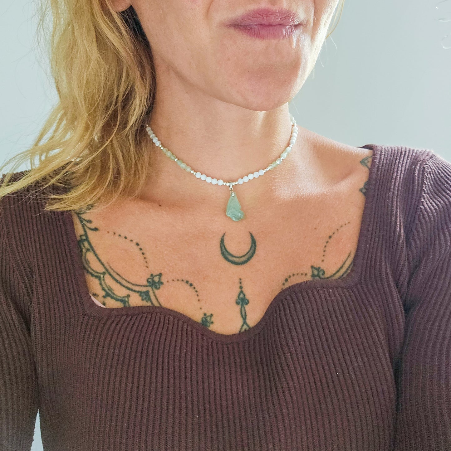 Whispers of the Fae | Handmade Necklace with Aquamarine fairy wing, Prasiolite, White Shell and 925 Silver Beads