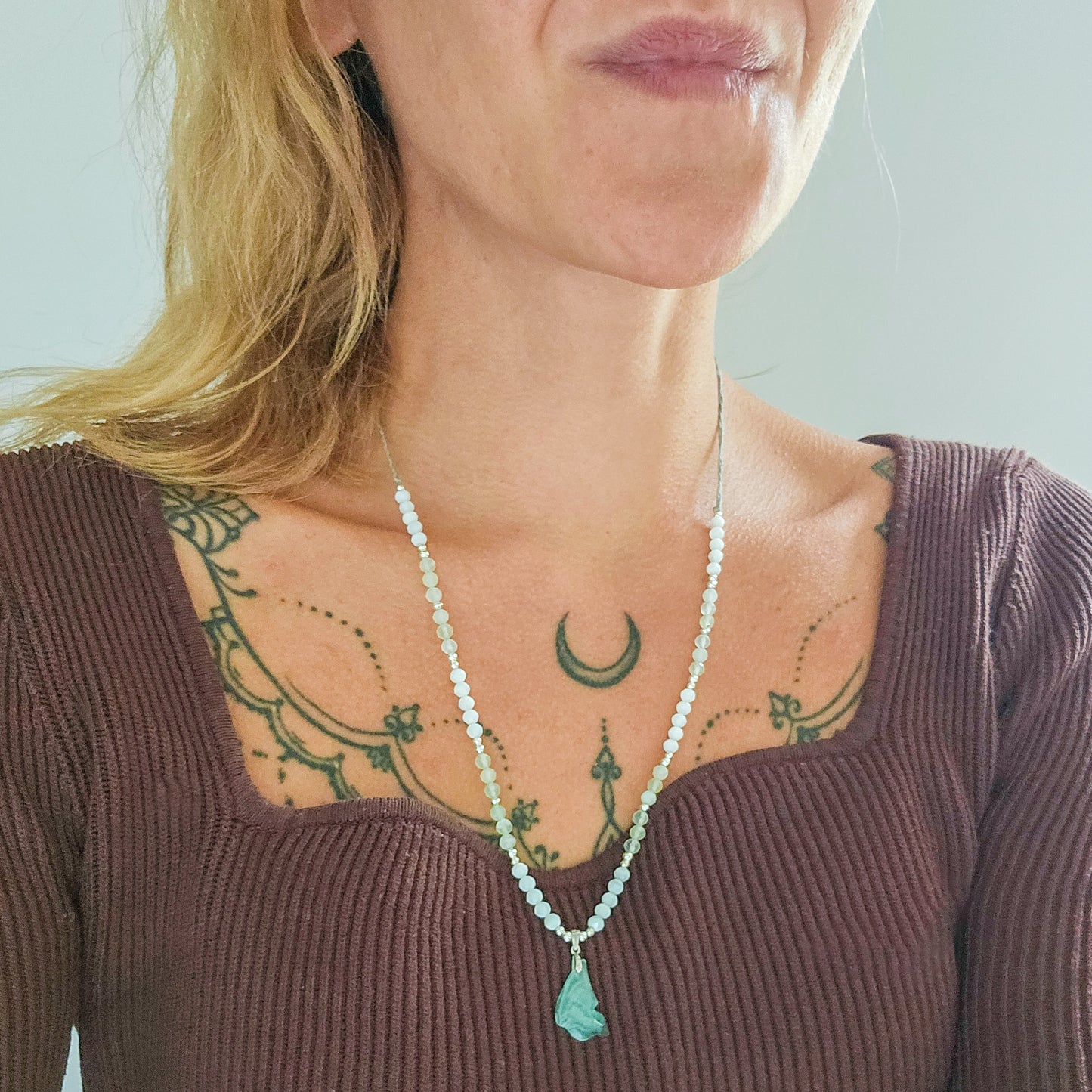 Whispers of the Fae | Handmade Necklace with Aquamarine fairy wing, Prasiolite, White Shell and 925 Silver Beads