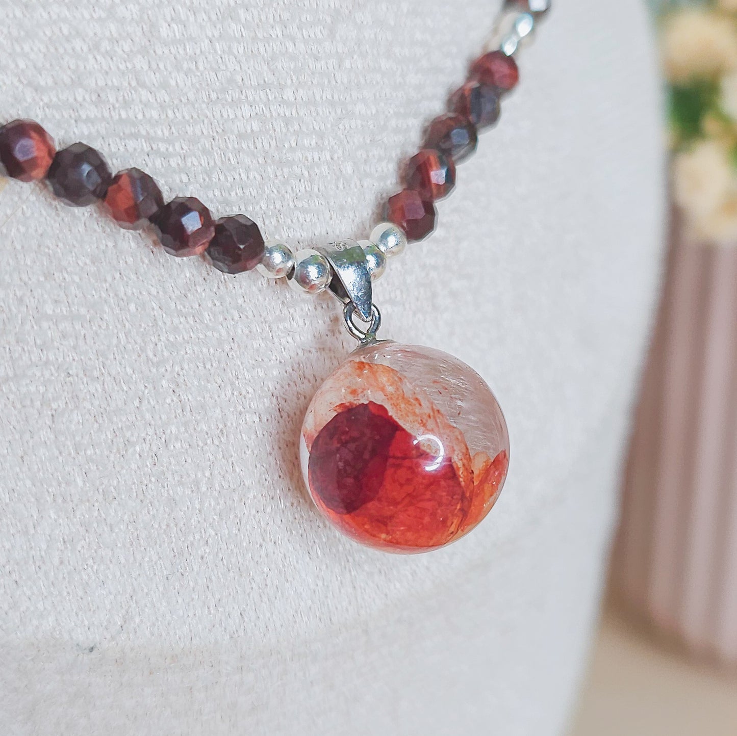 Sacred Ember | Handmade necklace with Fire Quartz sphere pendant, Red Tiger’s Eye & 925 Silver Beads