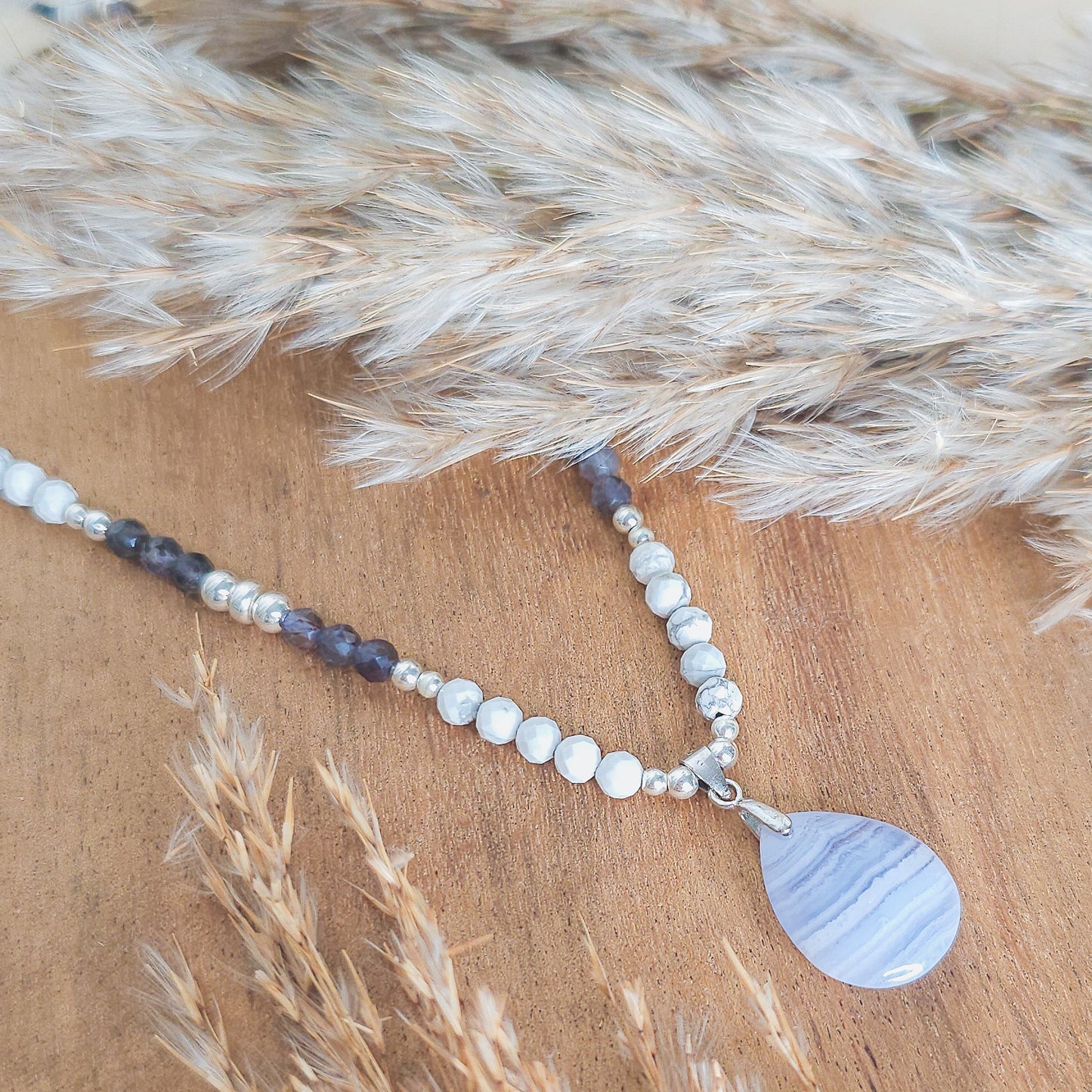 Tranquil Vision | Handmade Necklace with Blue Lace Agate Drop Pendant, Iolite, Howlite & 925 Silver Beads