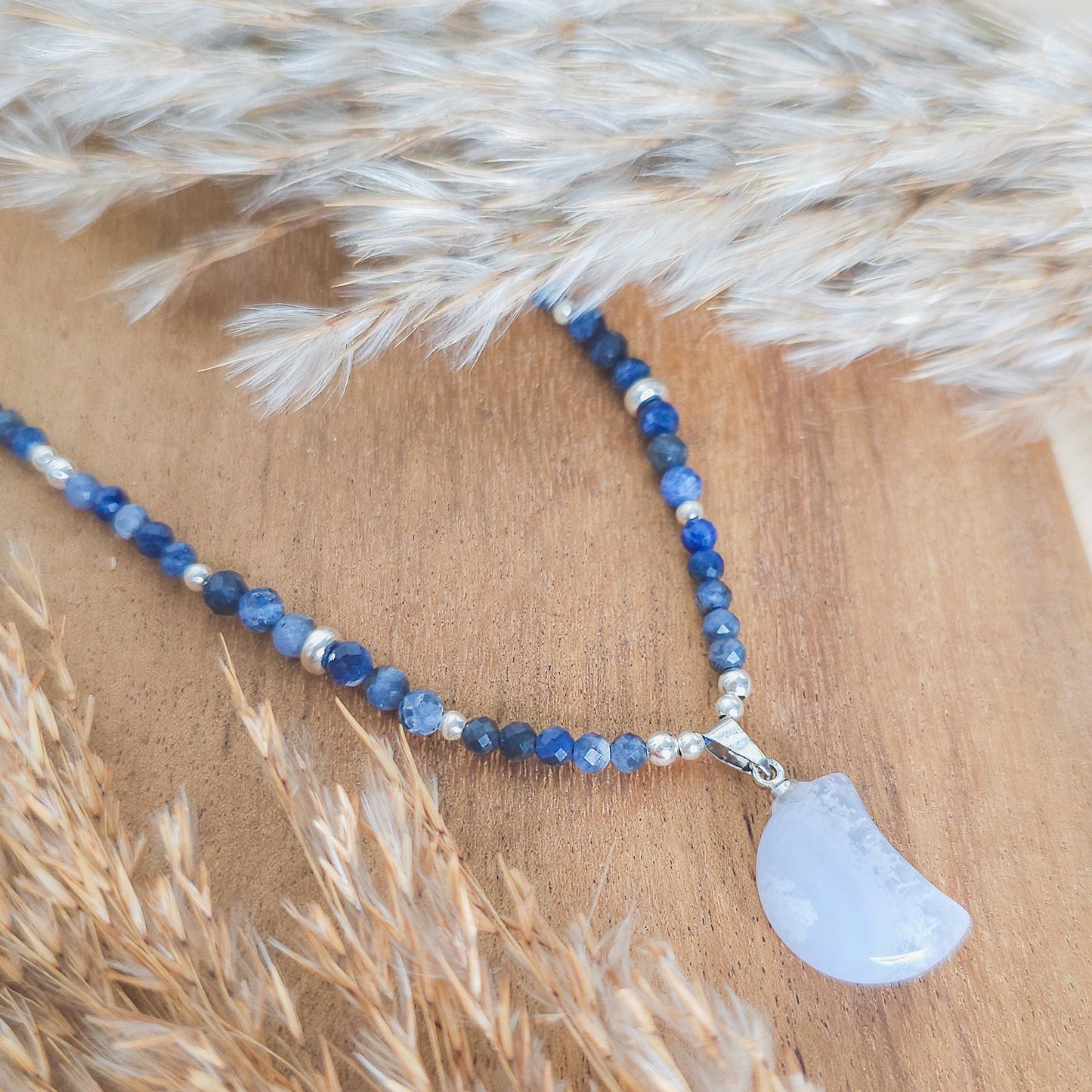 Inner Horizon | Handmade Necklace with Blue Lace Agate Crescent Moon Pendant, Sodalite beads & 925 Silver Beads