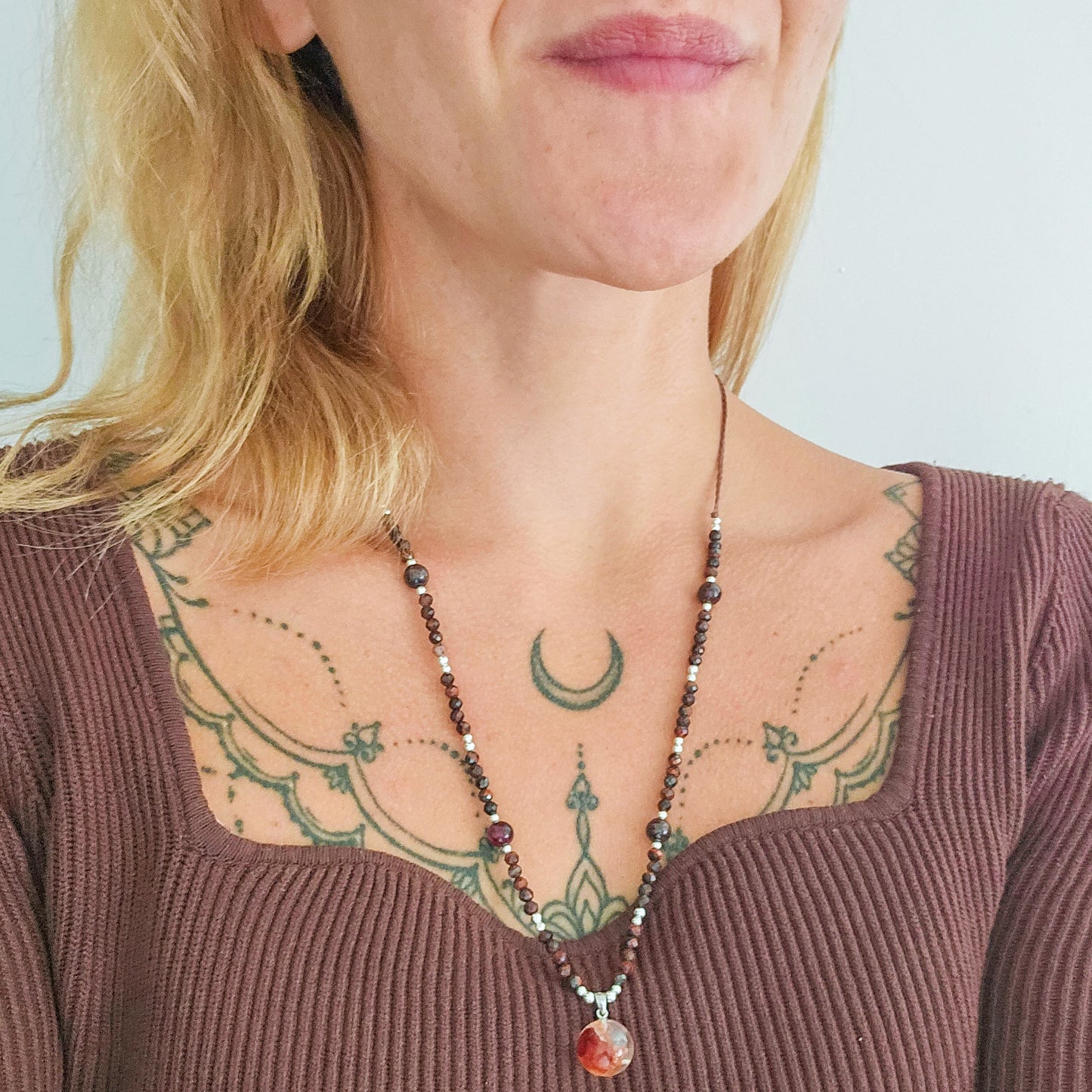 Sacred Ember | Handmade necklace with Fire Quartz sphere pendant, Red Tiger’s Eye & 925 Silver Beads
