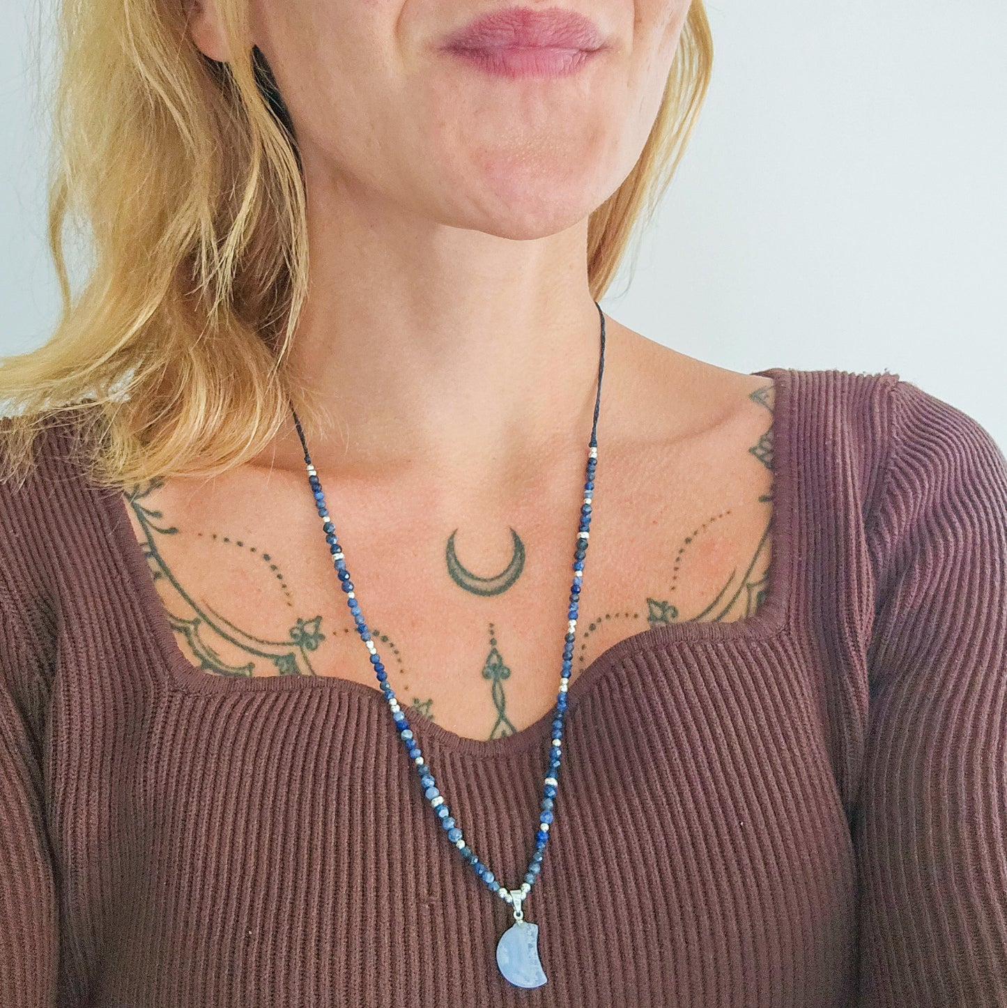 Inner Horizon | Handmade Necklace with Blue Lace Agate Crescent Moon Pendant, Sodalite beads & 925 Silver Beads