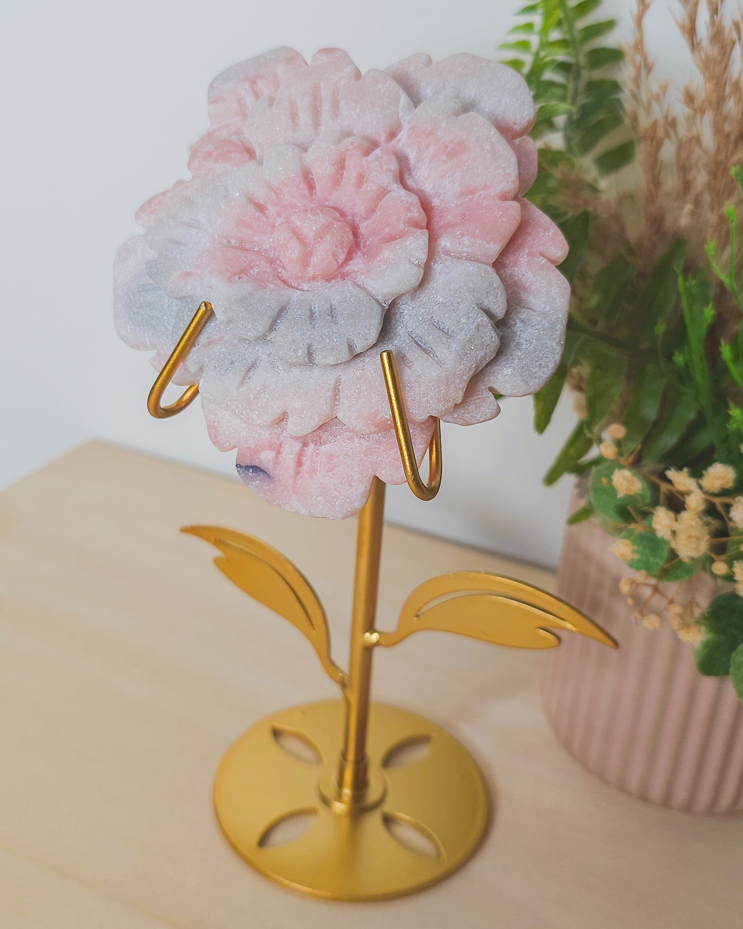 Pink Opal Flower Carving on Stand