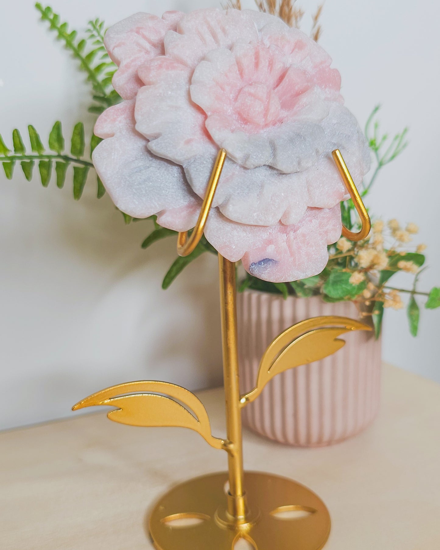 Pink Opal Flower Carving on Stand