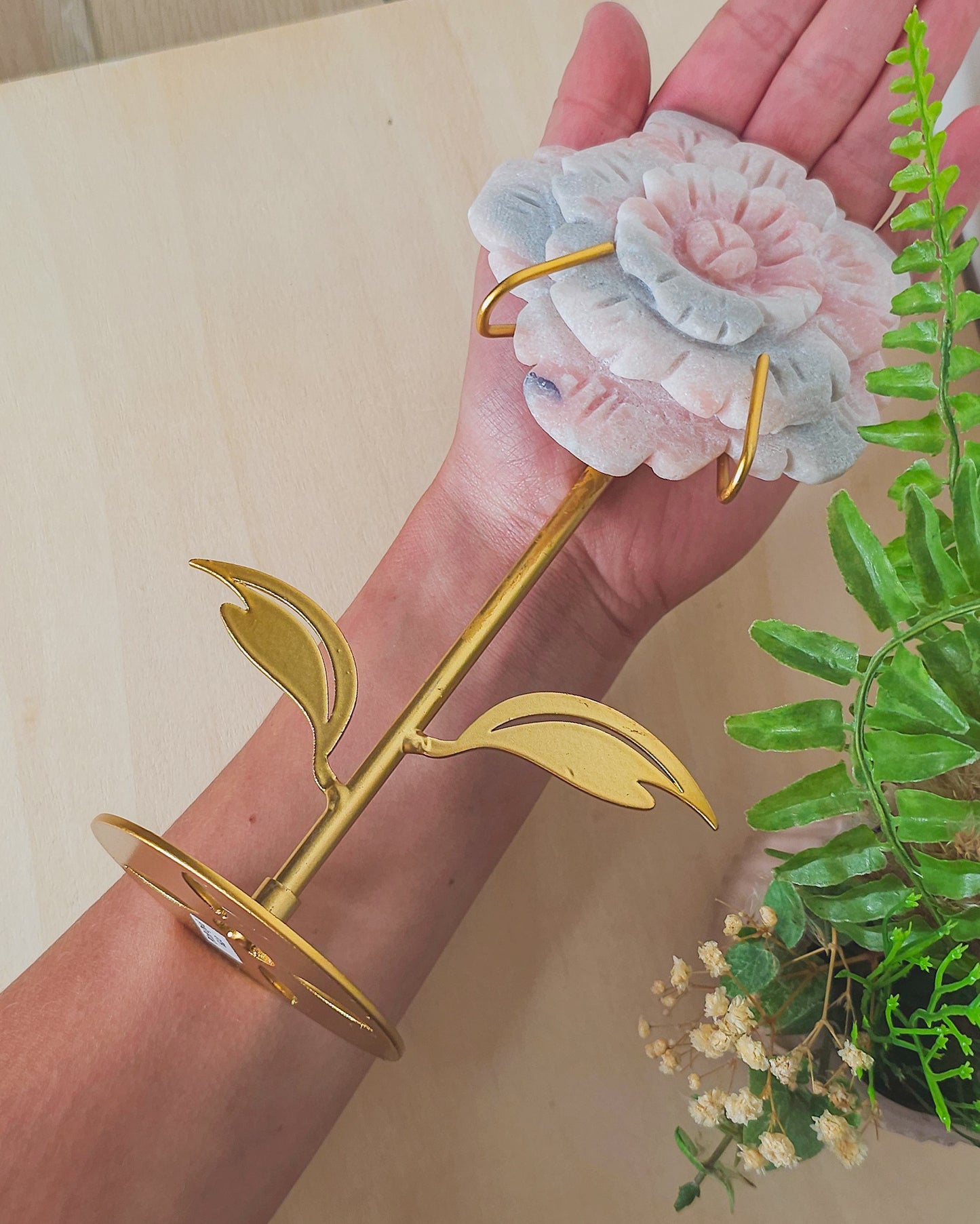 Pink Opal Flower Carving on Stand