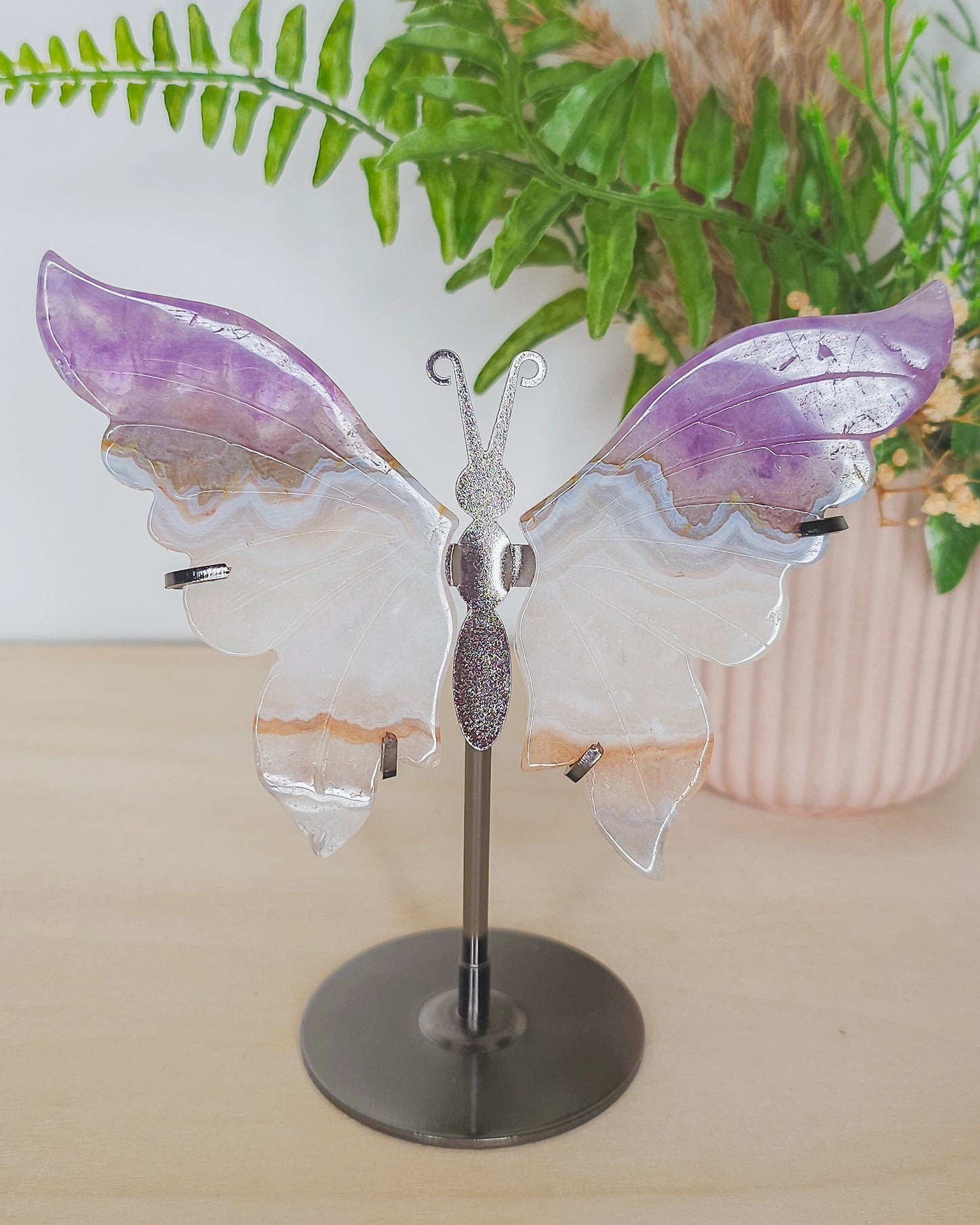Amethyst, Agate & Clear Quartz Butterfly Wings on Stand