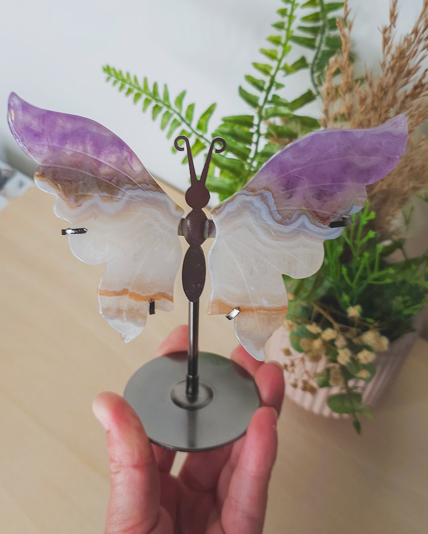 Amethyst, Agate & Clear Quartz Butterfly Wings on Stand