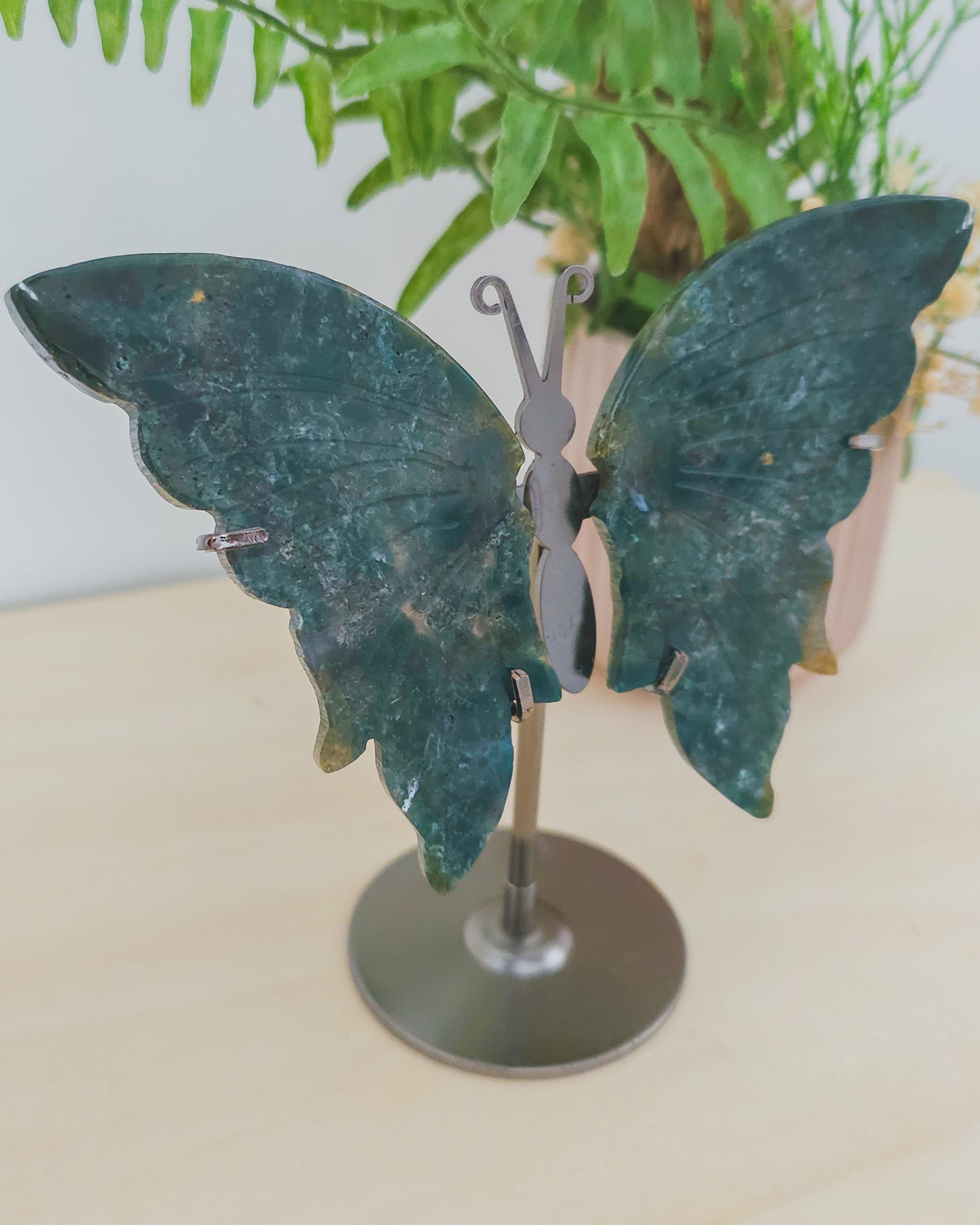 Moss Agate Butterfly Wings on Stand