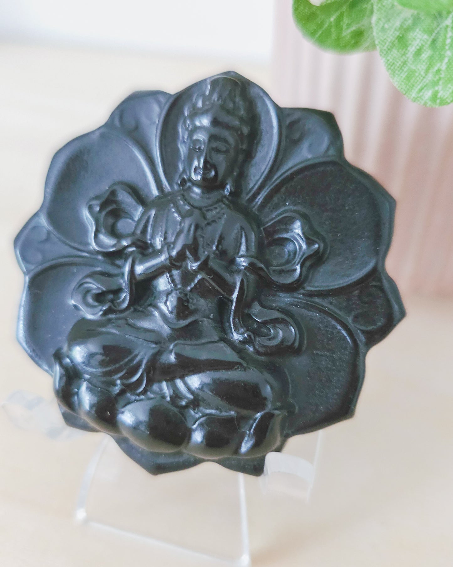 Black Obsidian Buddha on Lotus Flower with stand