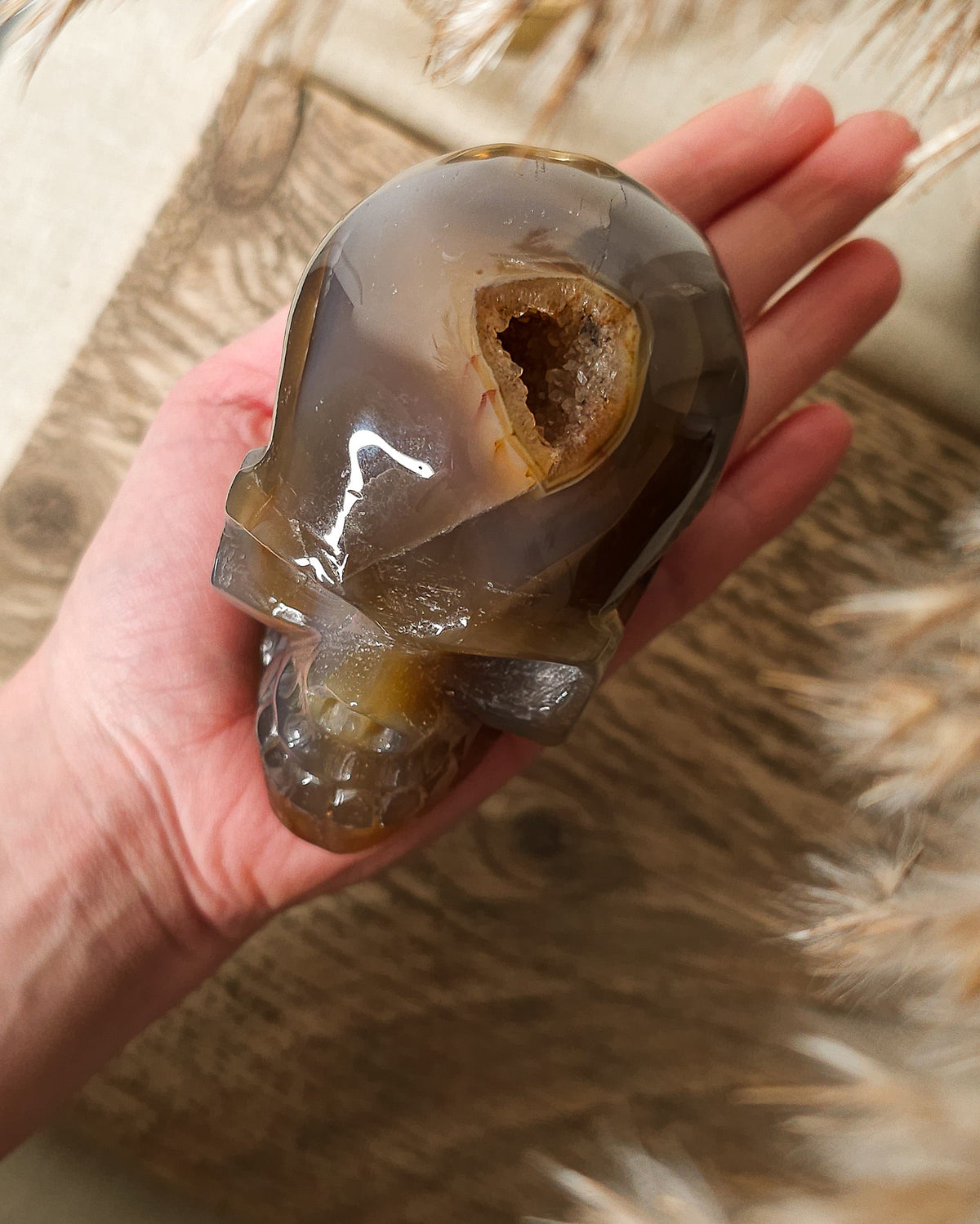 Smoky Agate skull carving with natural brown, charcoal grey and amber tones, translucent banding and a sparkling druzy crystal cavity on the back.