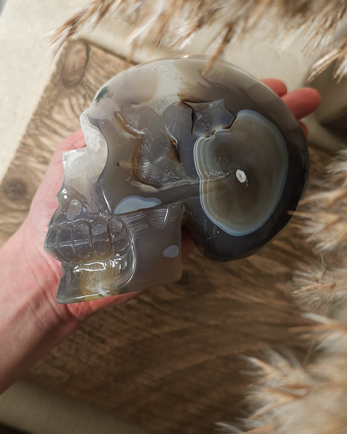 Large Druzy Agate skull carving with smoky grey and brown tones, natural white and pale blue banding, a sparkling quartz druzy cavity and tiny rainbow reflections in the crystals.