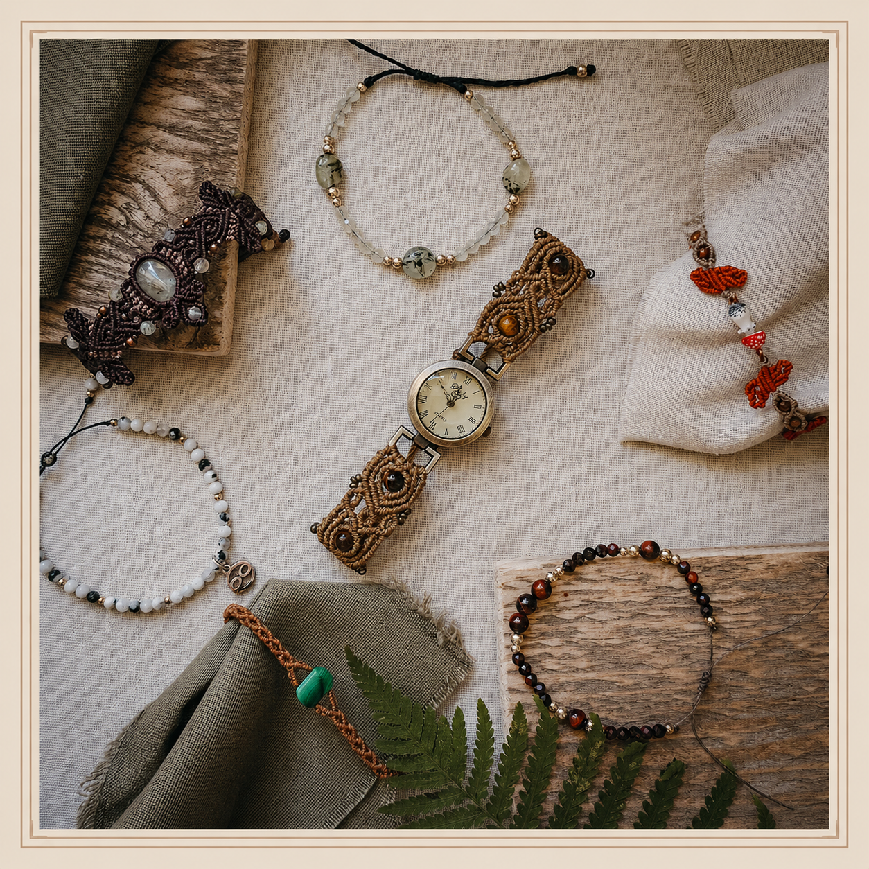 Handcrafted gemstone, Crystal and micromacrame, macrame bracelets on rustic background in boho style 