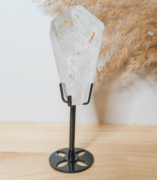 Rainbow filled Clear Quartz Free-form on the stand