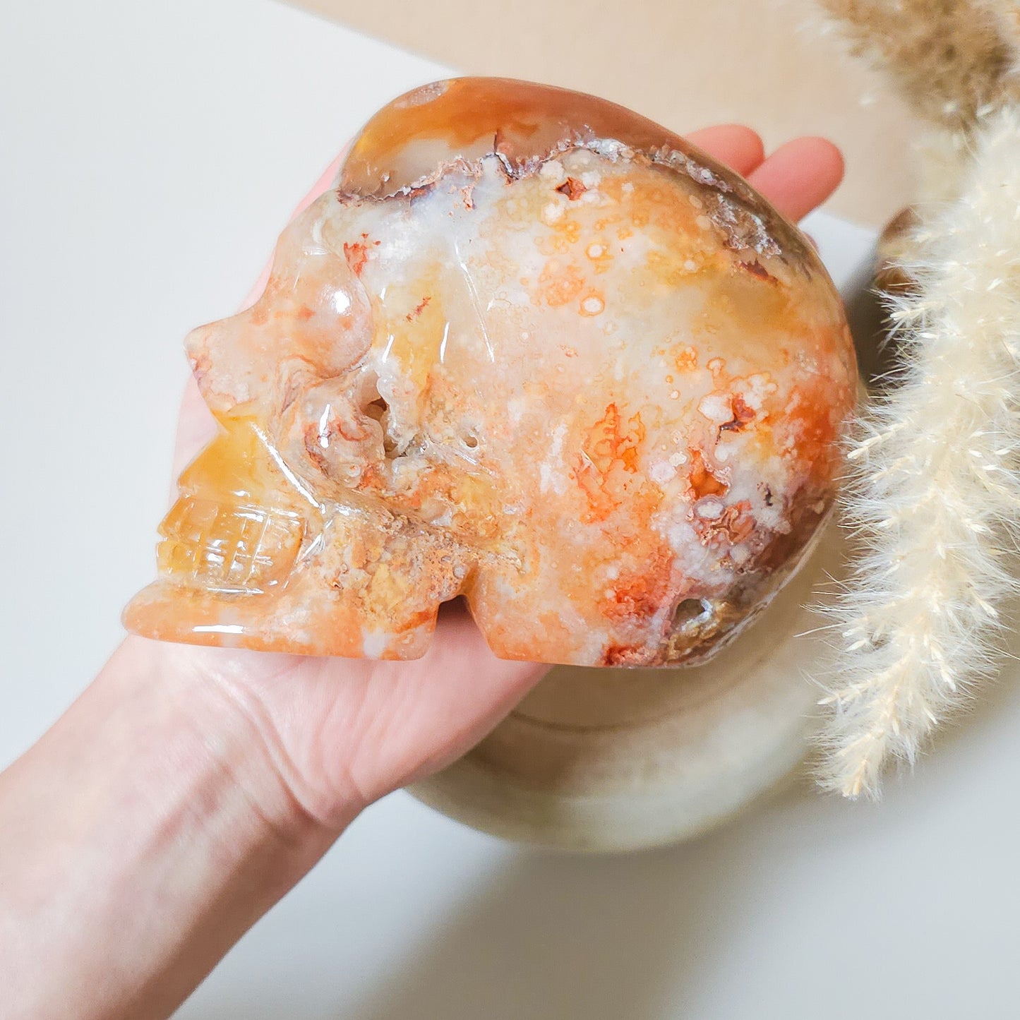 Carnelian Flower Agate Statement Skull