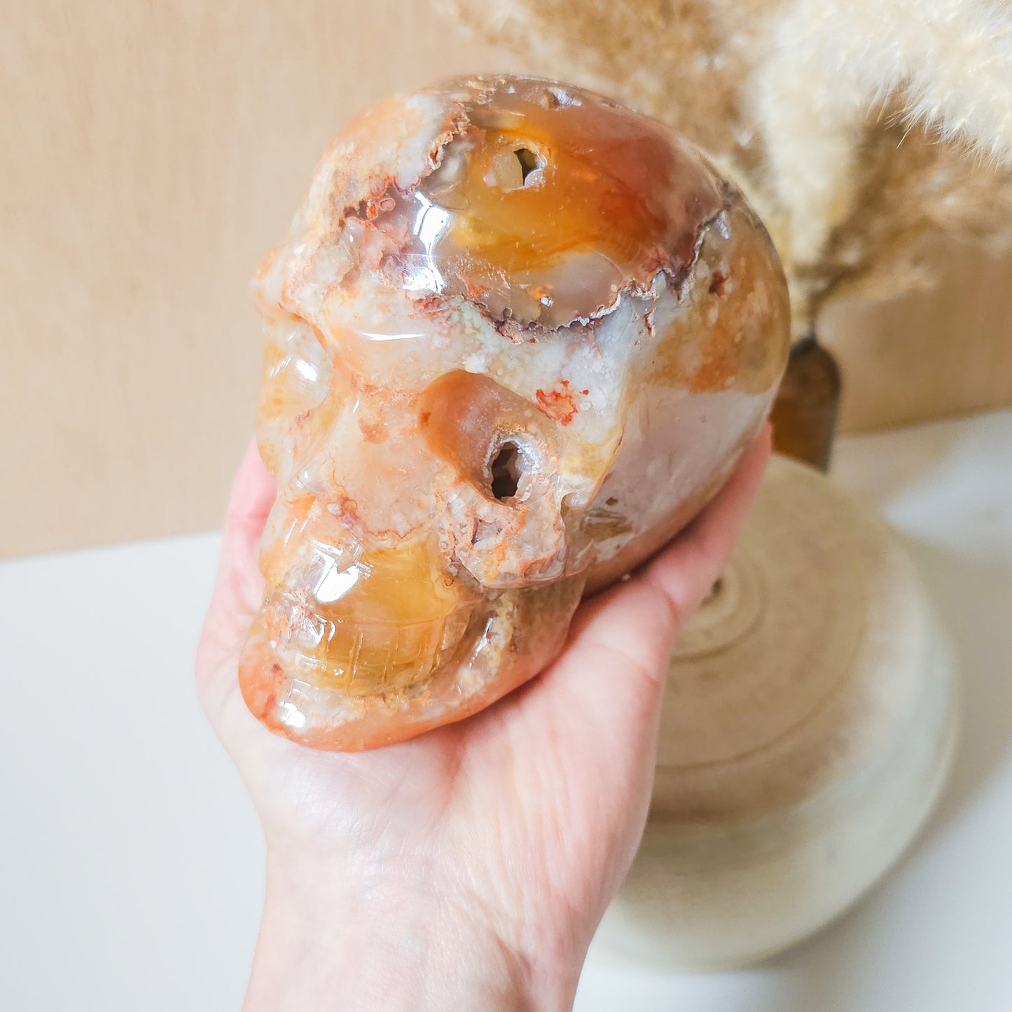 Carnelian Flower Agate Statement Skull