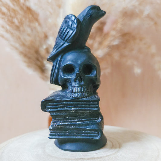 Black Obsidian Raven, Skull and Books Carving