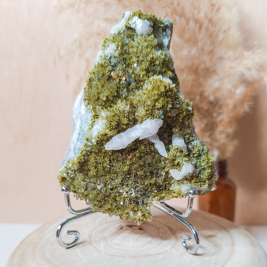 Epidote on Quartz with Calcite Specimen