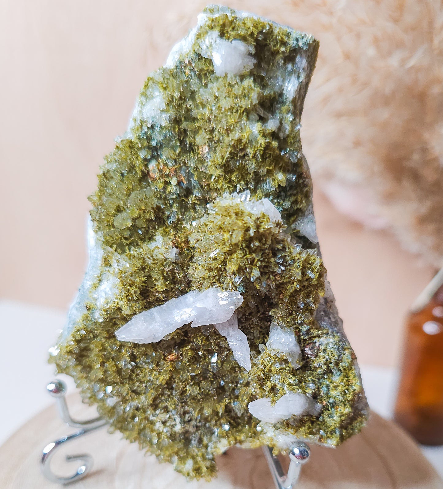 Epidote on Quartz with Calcite Specimen