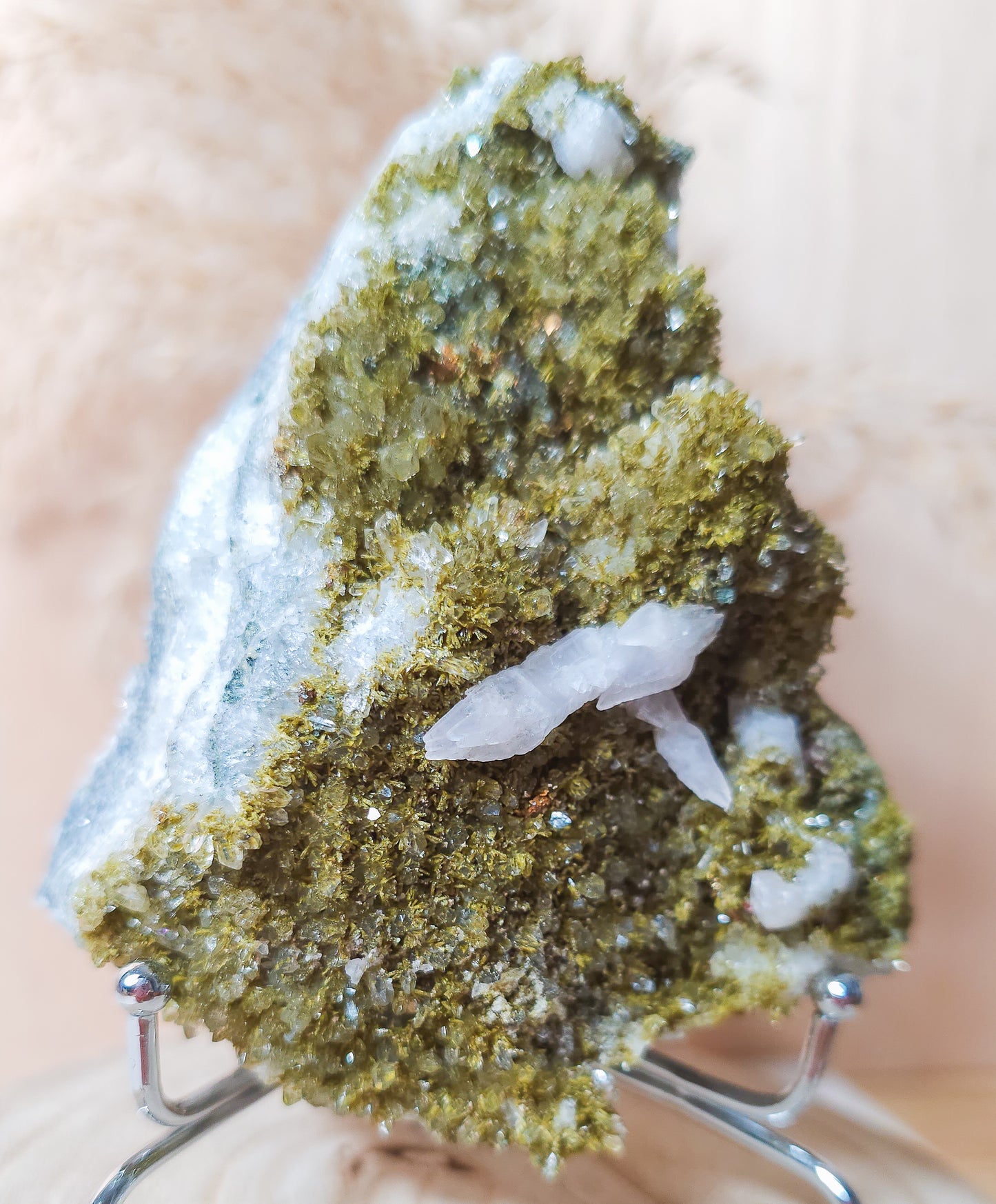 Epidote on Quartz with Calcite Specimen