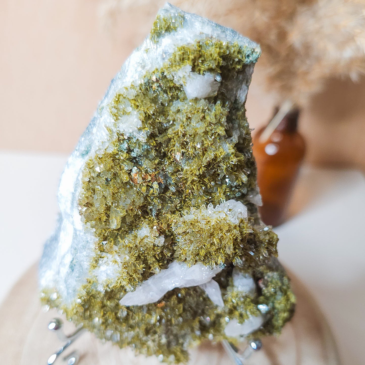 Epidote on Quartz with Calcite Specimen