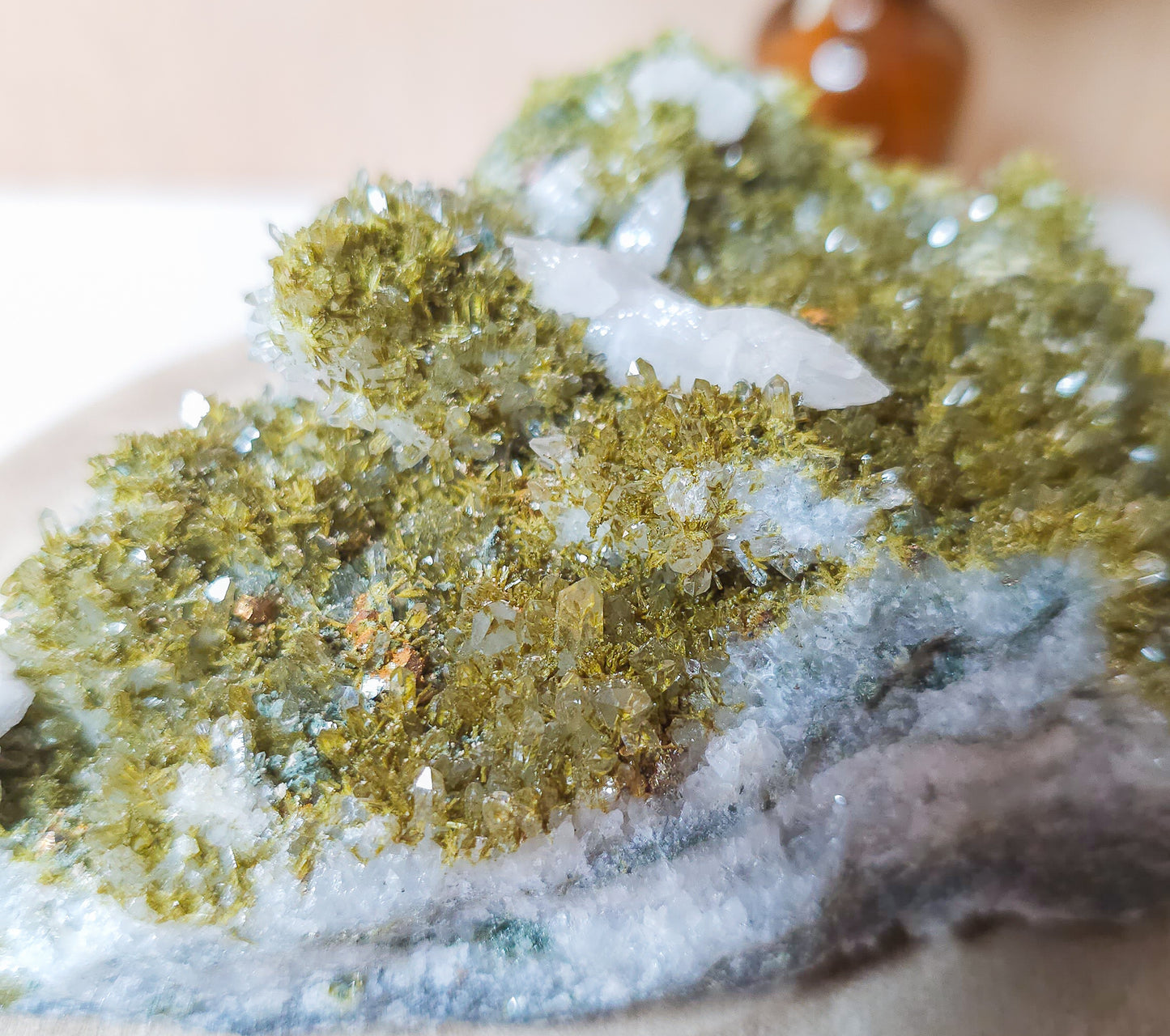 Epidote on Quartz with Calcite Specimen