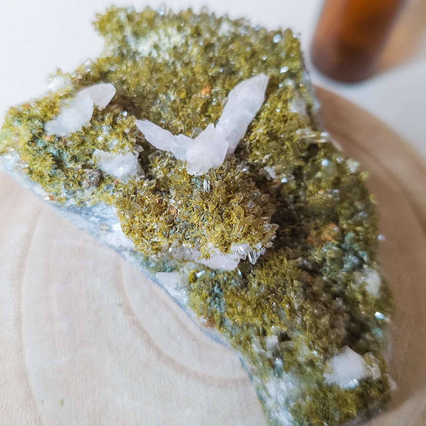 Epidote on Quartz with Calcite Specimen