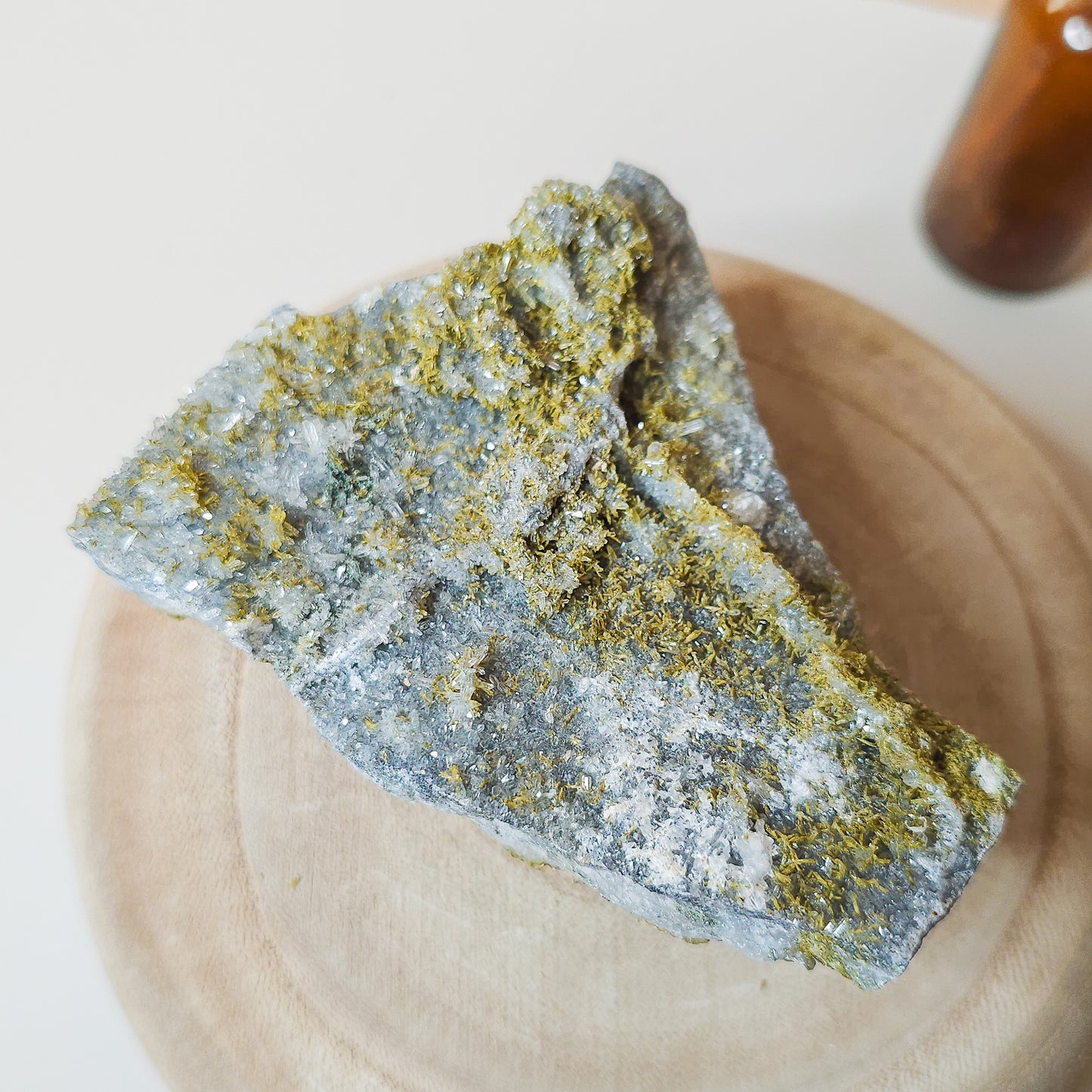 Epidote on Quartz with Calcite Specimen