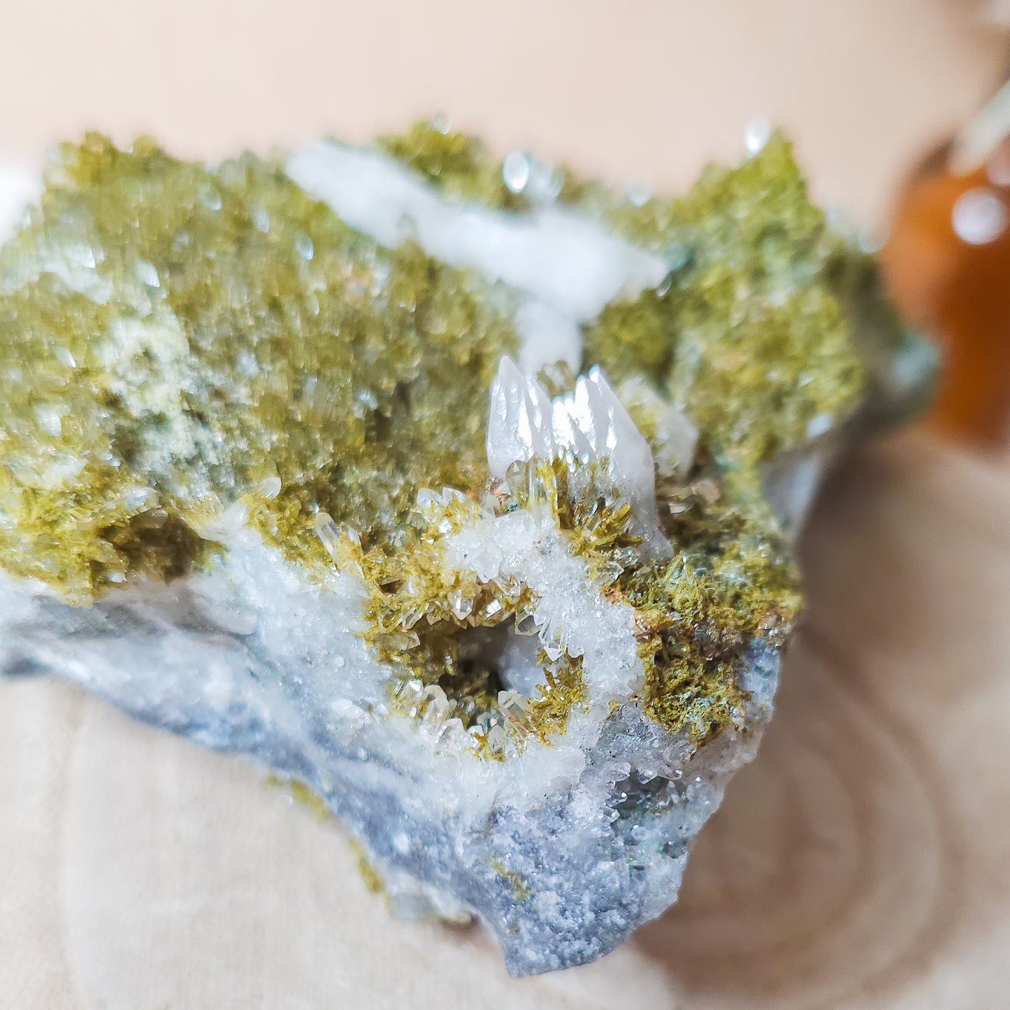 Epidote on Quartz with Calcite Specimen