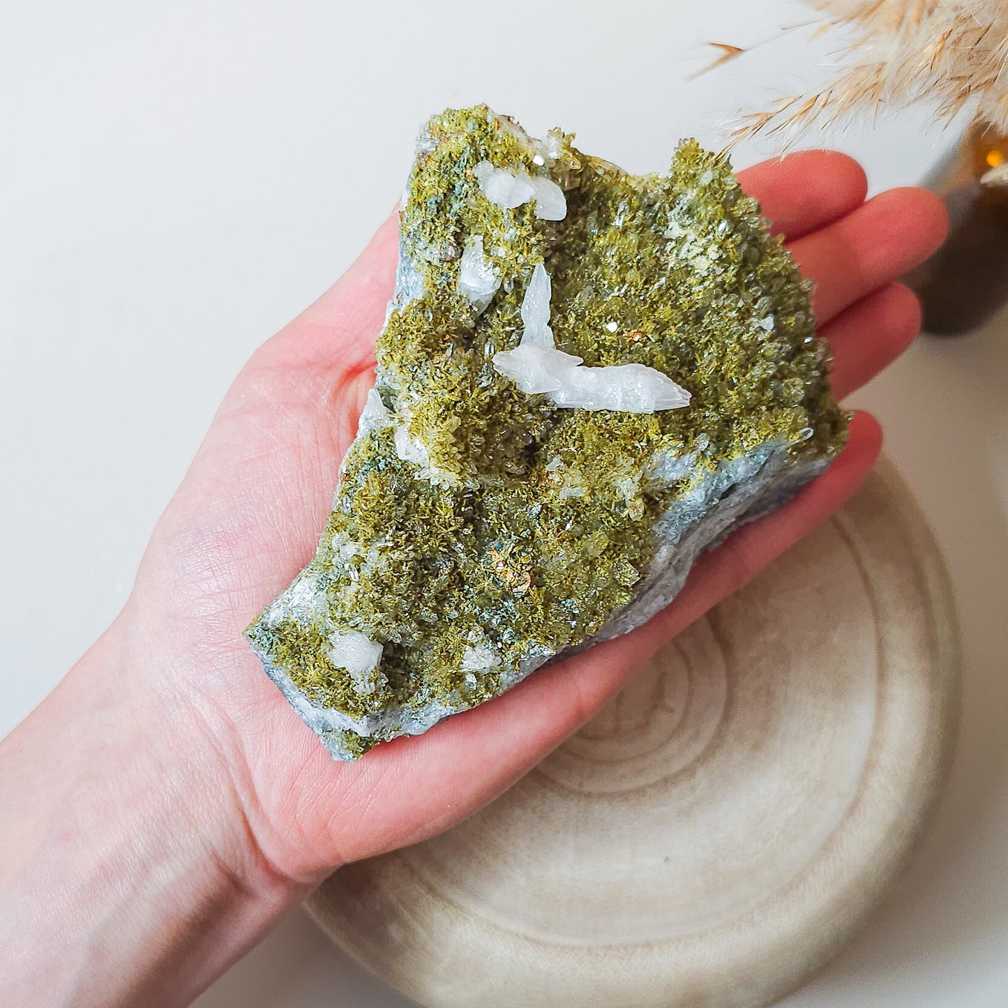 Epidote on Quartz with Calcite Specimen