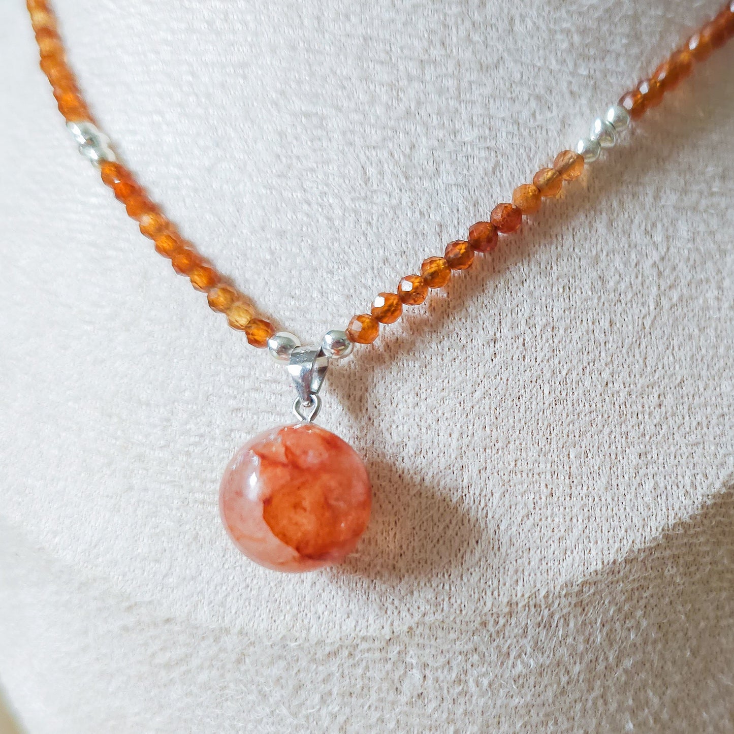 Handmade Fire Quartz and Spessartite (Orange Garnet) necklace (925 Silver)