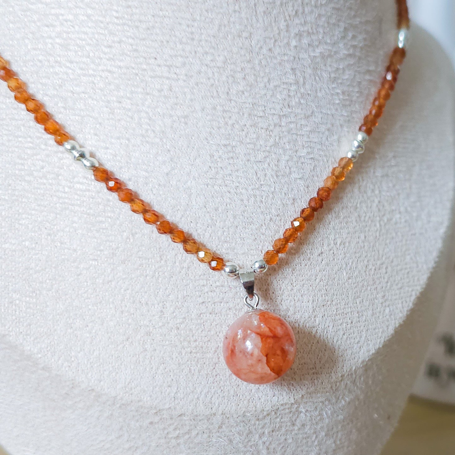 Handmade Fire Quartz and Spessartite (Orange Garnet) necklace (925 Silver)