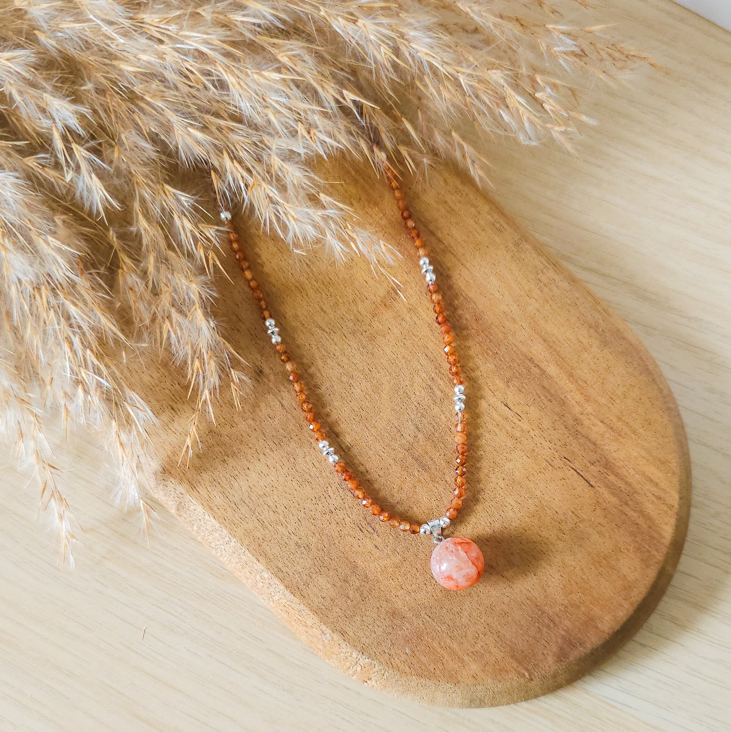 Handmade Fire Quartz and Spessartite (Orange Garnet) necklace (925 Silver)