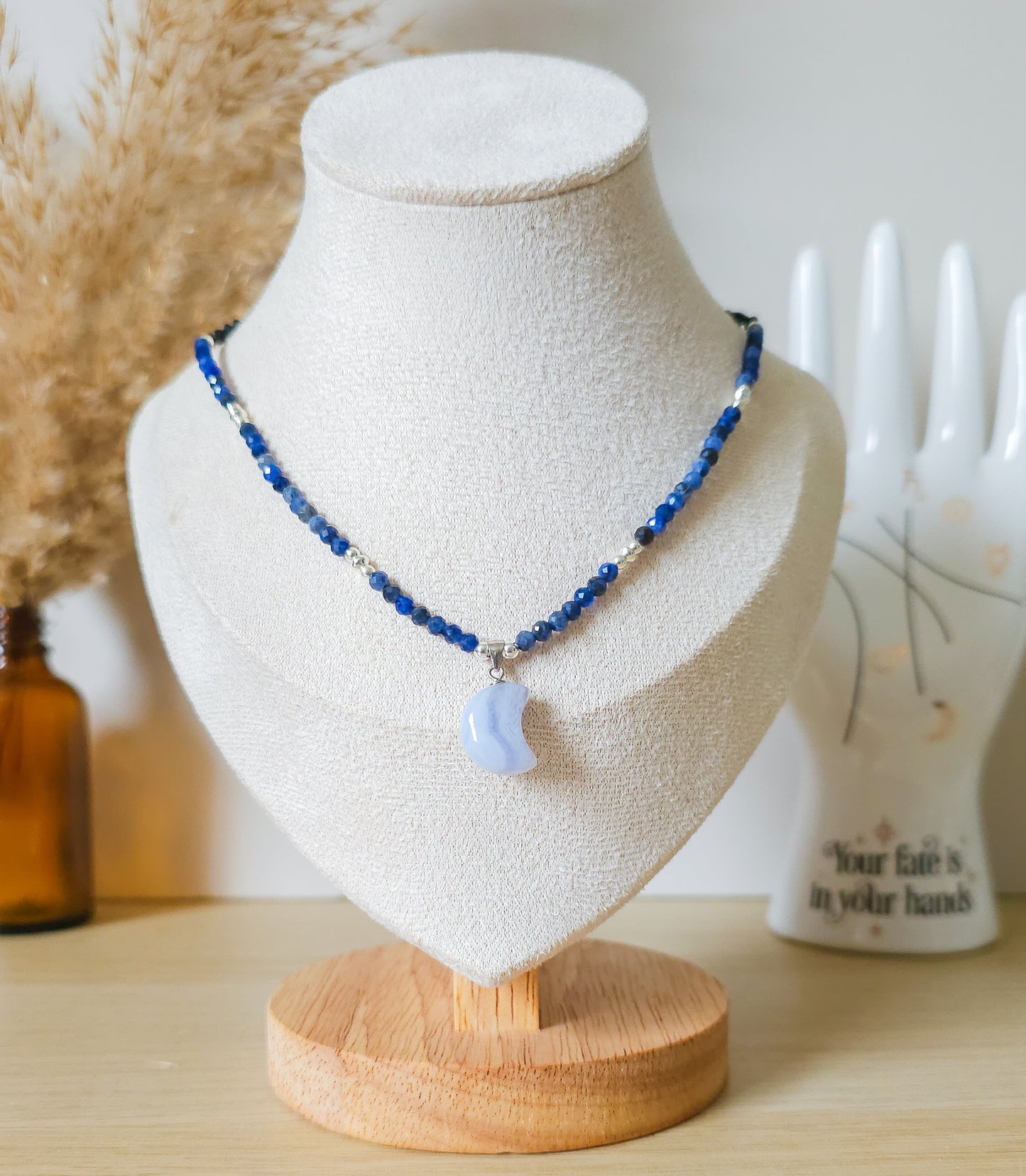 Handmade Necklace with Blue Lace Agate Moon, Sodalite beads and 925 silver beads