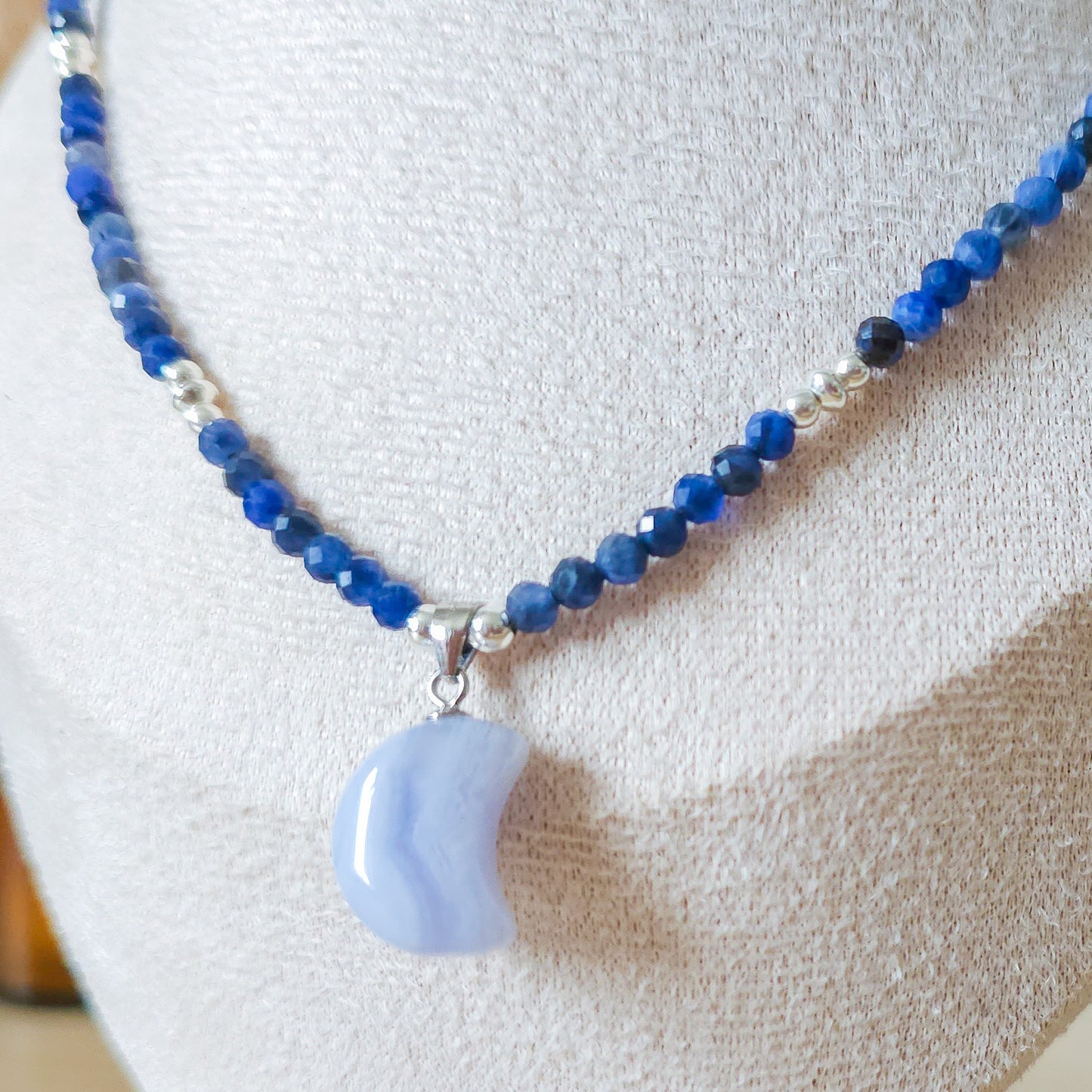 Handmade Necklace with Blue Lace Agate Moon, Sodalite beads and 925 silver beads