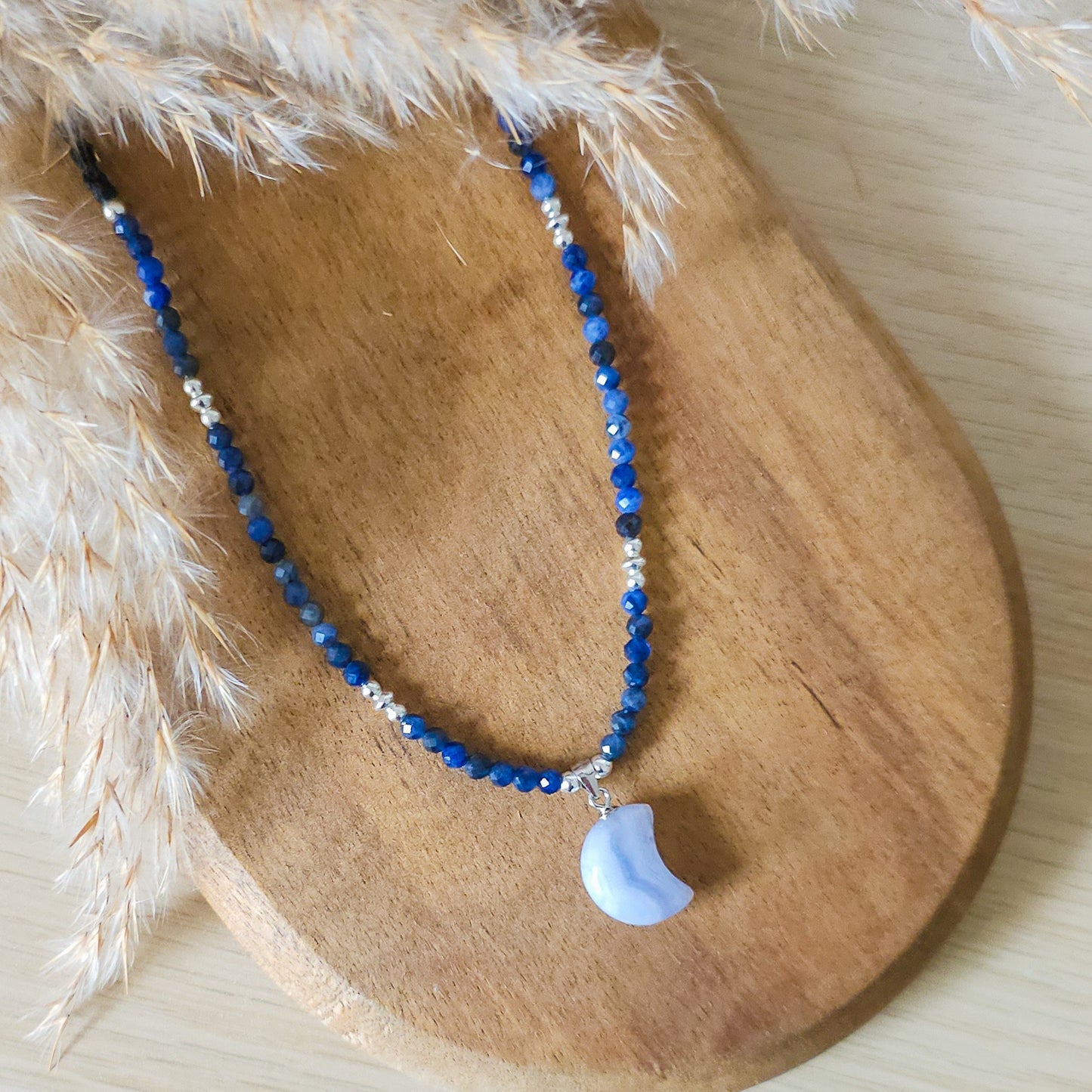 Handmade Necklace with Blue Lace Agate Moon, Sodalite beads and 925 silver beads