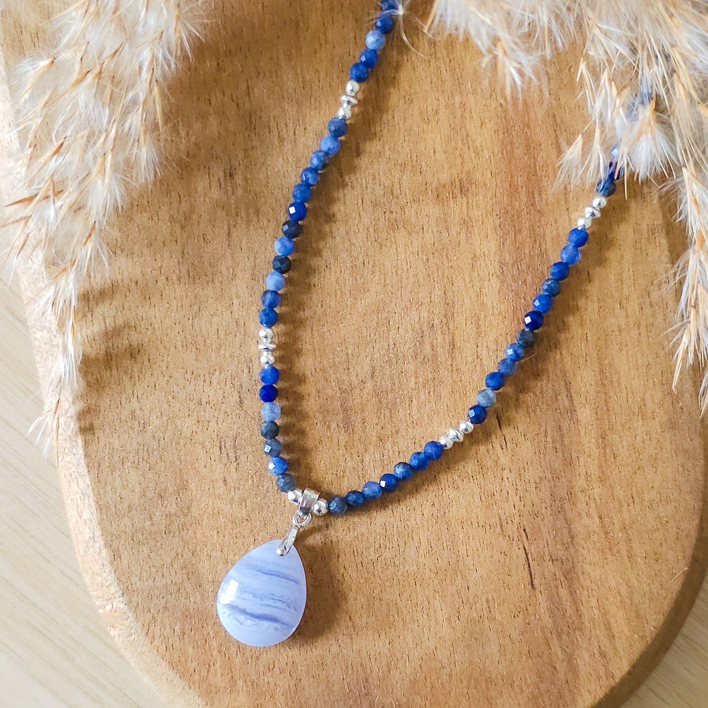 Handmade Necklace with Blue Lace Agate Tear Drop, Sodalite beads and 925 silver beads