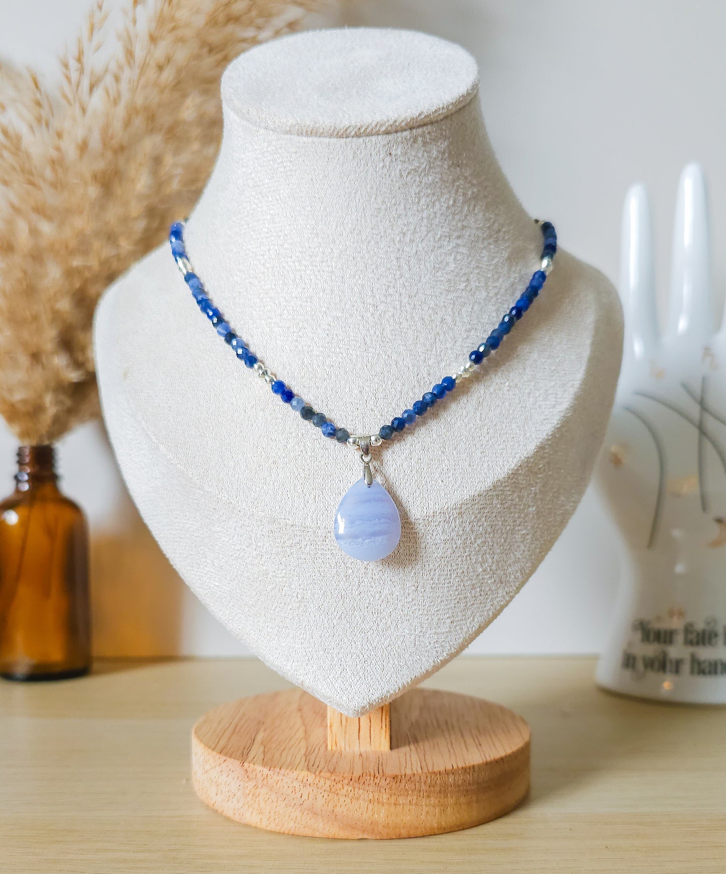 Handmade Necklace with Blue Lace Agate Tear Drop, Sodalite beads and 925 silver beads