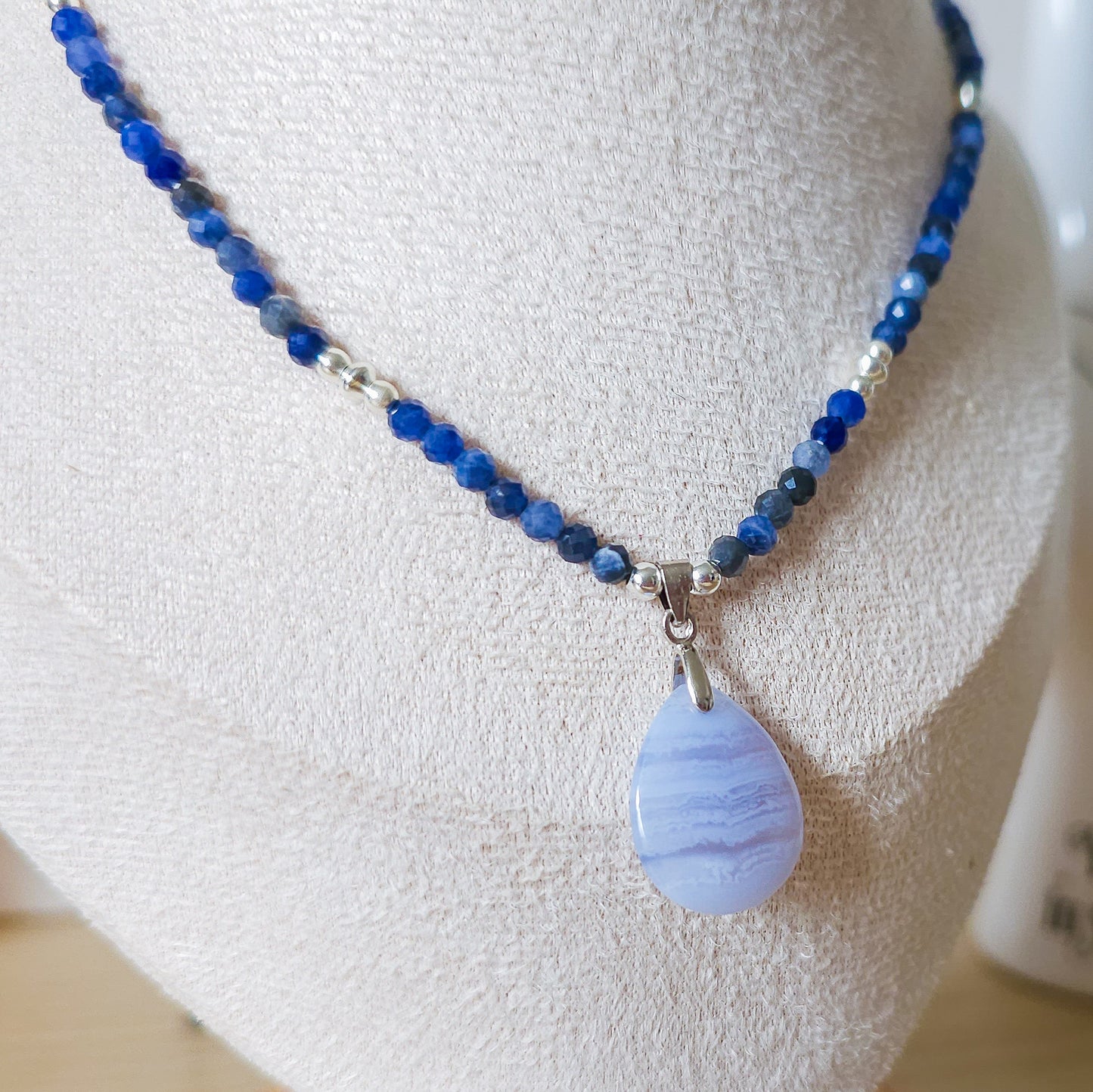 Handmade Necklace with Blue Lace Agate Tear Drop, Sodalite beads and 925 silver beads