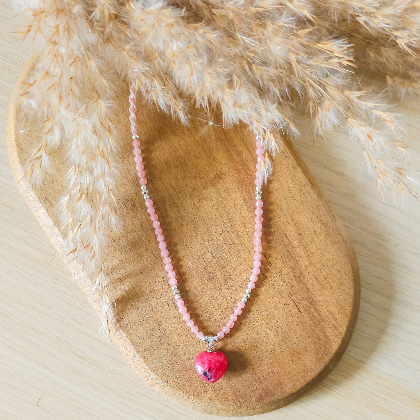 Handmade Necklace with Gemmy Rhodonite heart pendant, Rhodochrosite and 925 silver beads