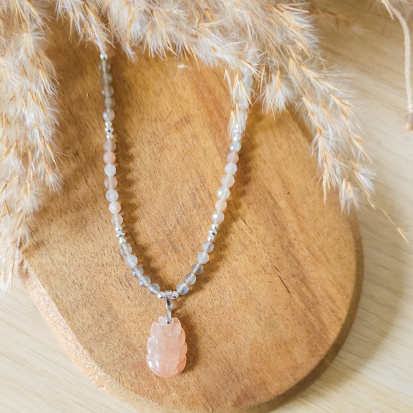 Handmade Necklace with Peach and Grey Moonstone and 925 silver beads