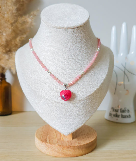 Handmade Necklace with Gemmy Rhodonite heart pendant, Rhodochrosite and 925 silver beads