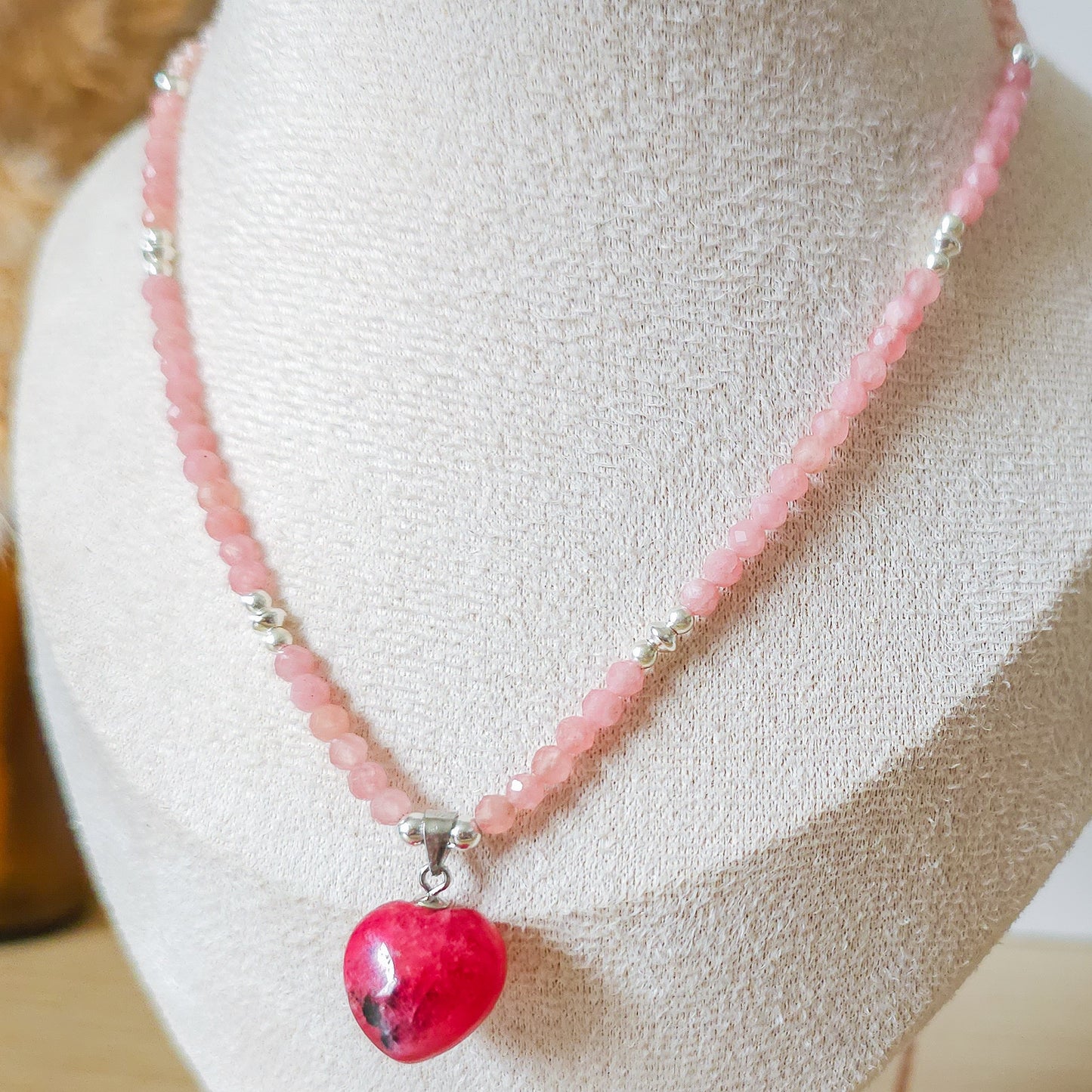 Handmade Necklace with Gemmy Rhodonite heart pendant, Rhodochrosite and 925 silver beads