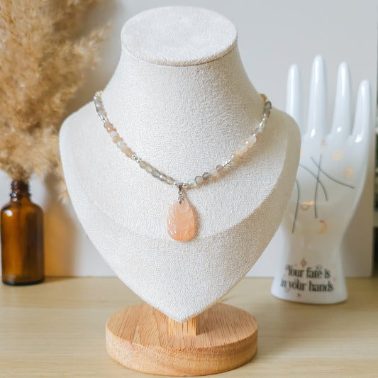 Handmade Necklace with Peach and Grey Moonstone and 925 silver beads