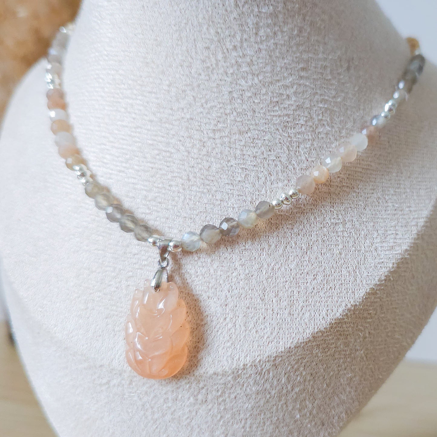 Handmade Necklace with Peach and Grey Moonstone and 925 silver beads