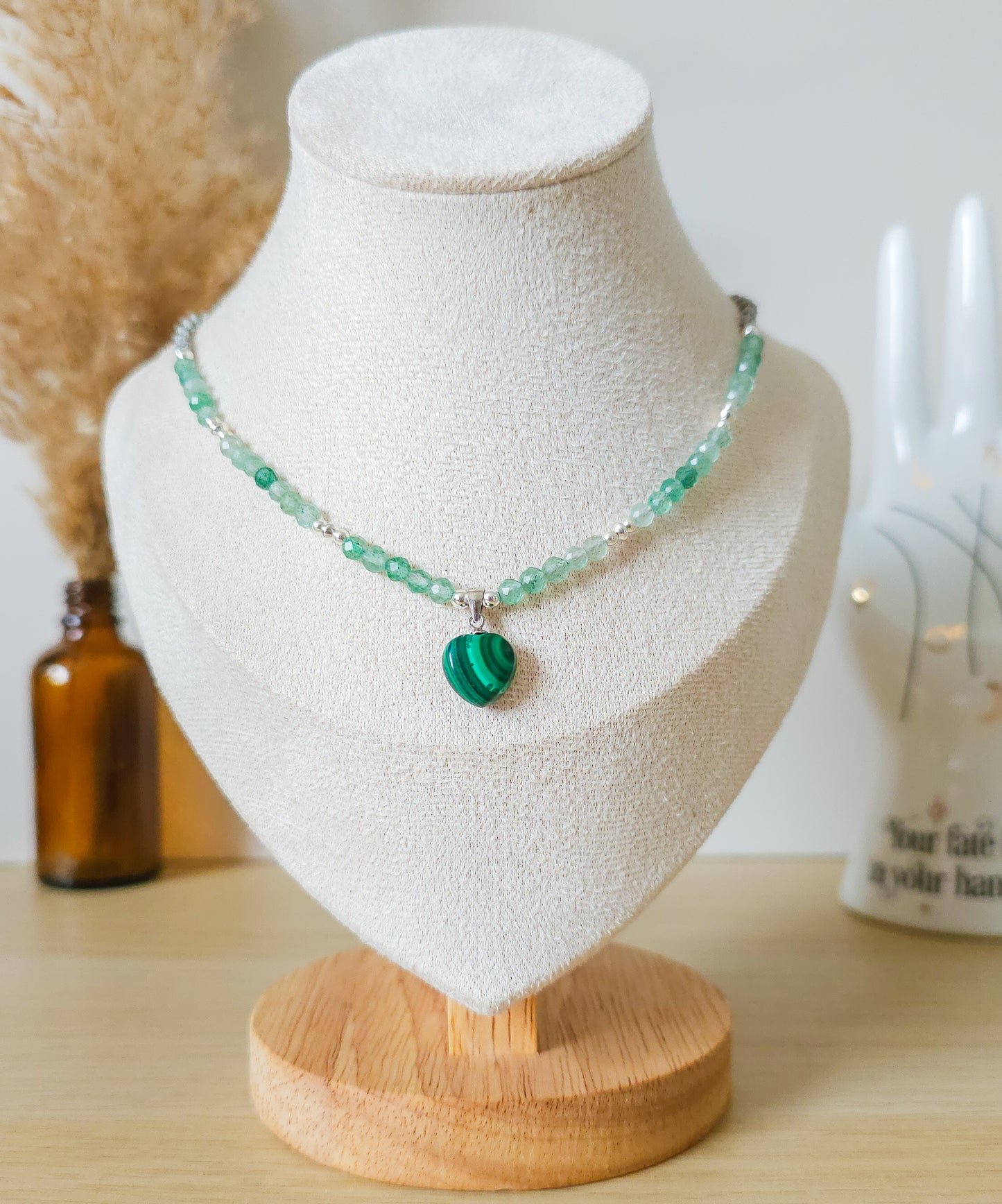 Handmade Necklace with Malachite Heart pendant, Green Aventurine beads and 925 silver beads