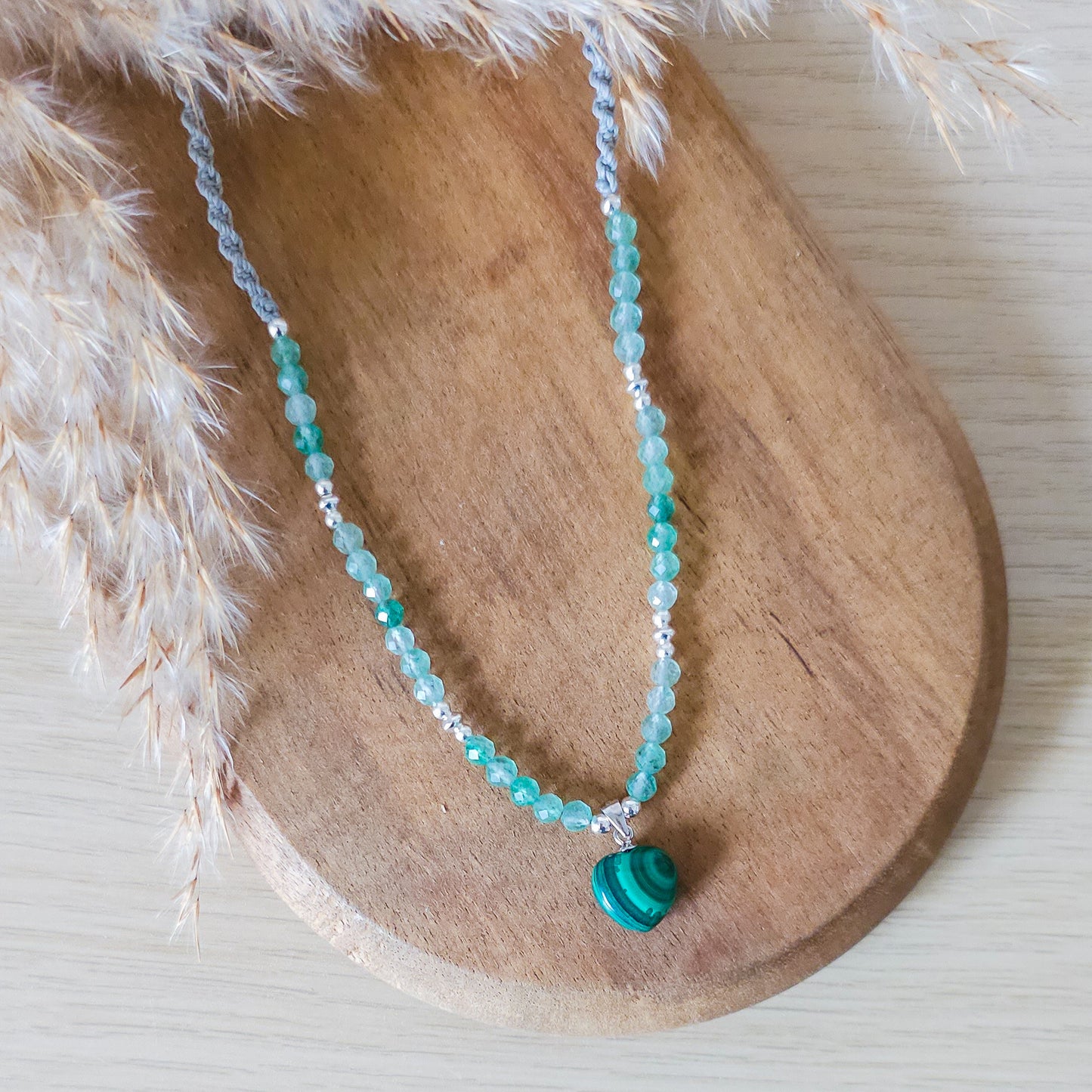 Handmade Necklace with Malachite Heart pendant, Green Aventurine beads and 925 silver beads