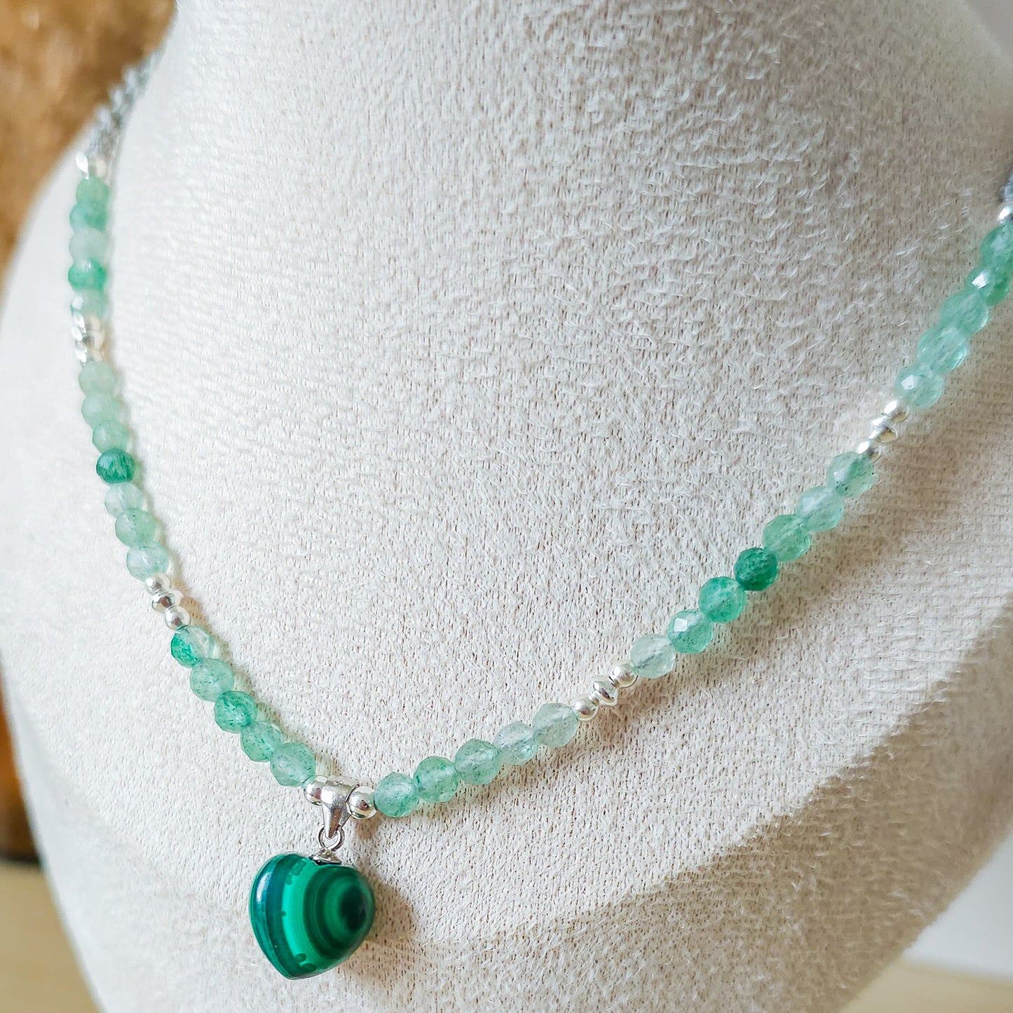 Handmade Necklace with Malachite Heart pendant, Green Aventurine beads and 925 silver beads